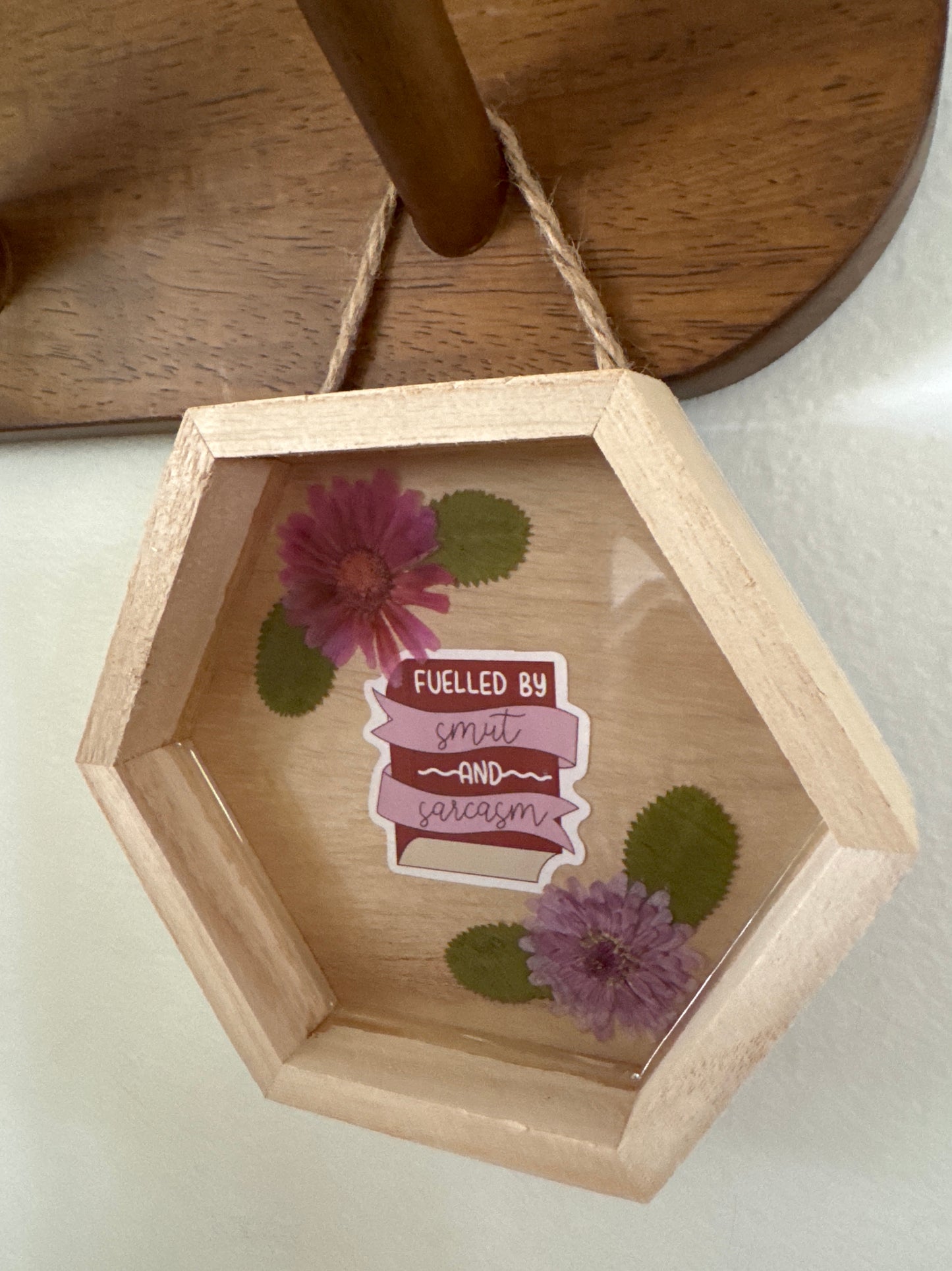 “Fueled By Smut And Sarcasm” Small Hexagon Wood Frame