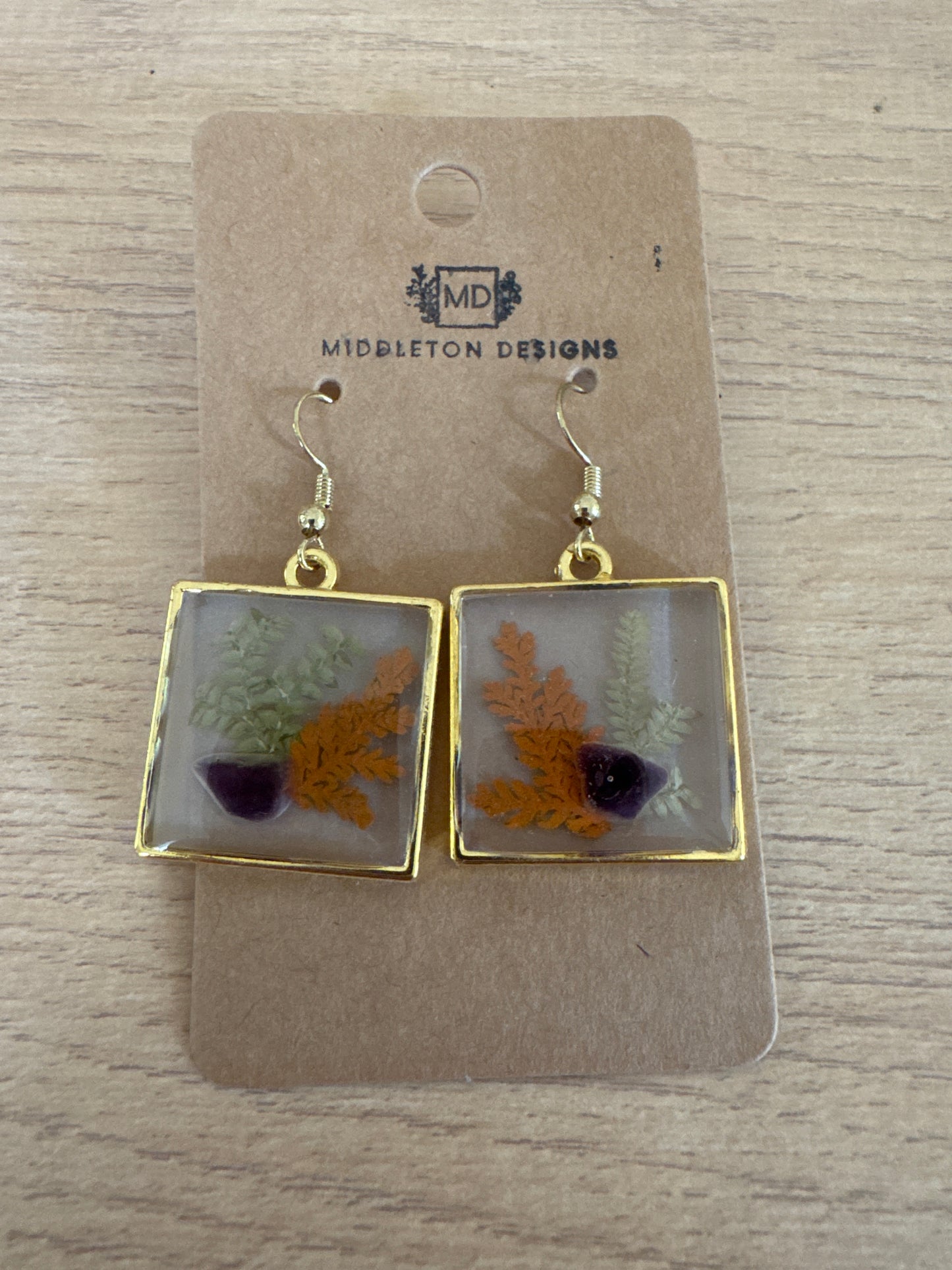 Gold Rimmed Square Natural Stone Resin Earrings