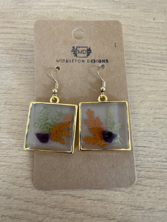 Gold Rimmed Square Natural Stone Resin Earrings