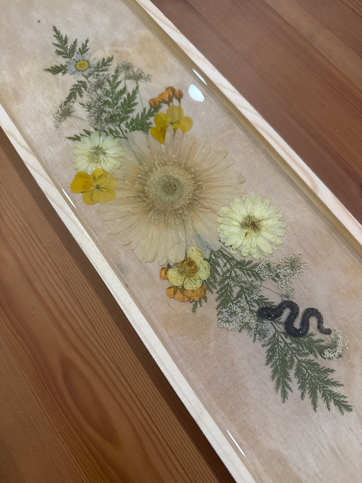 Rectangular Wood Resin Art Piece with Tiny Snake and Natural Pressed Flowers