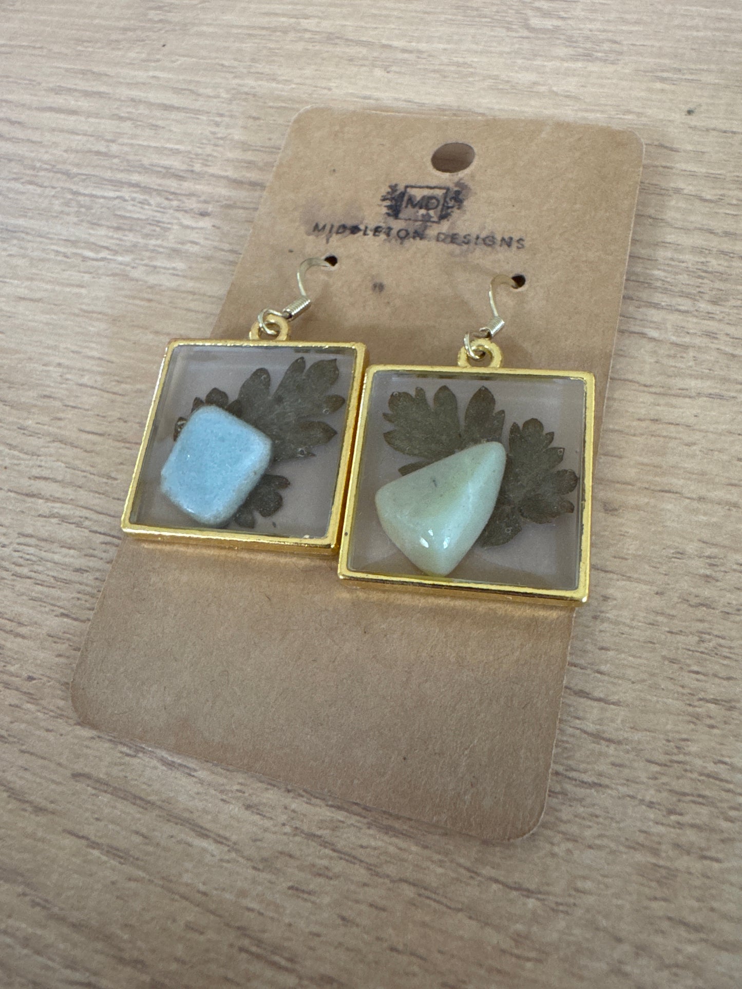Gold Rimmed Square Natural Stone Resin Earrings