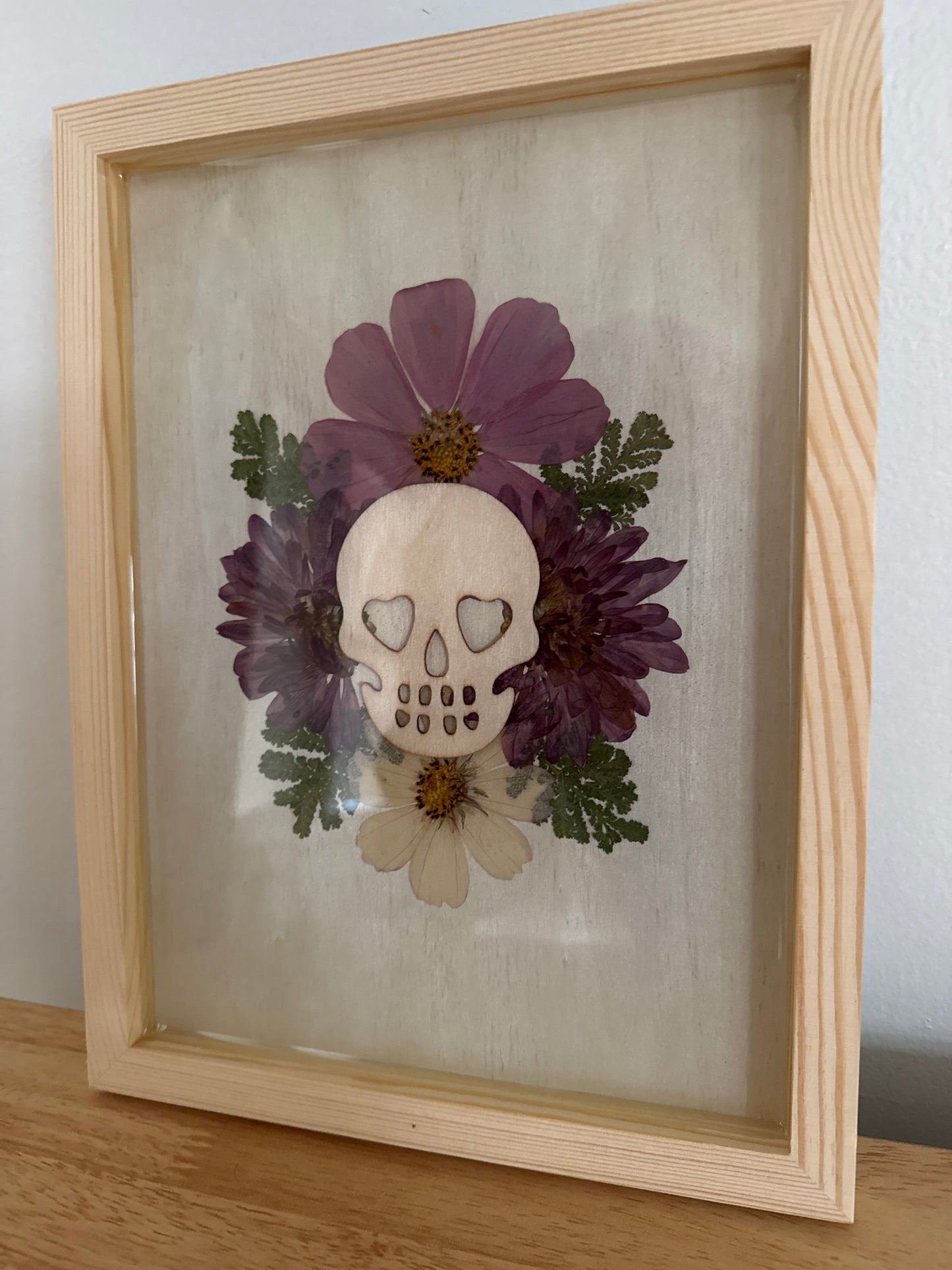 Wood Skull and Pressed Flower Resin Art Piece Wall Hanging
