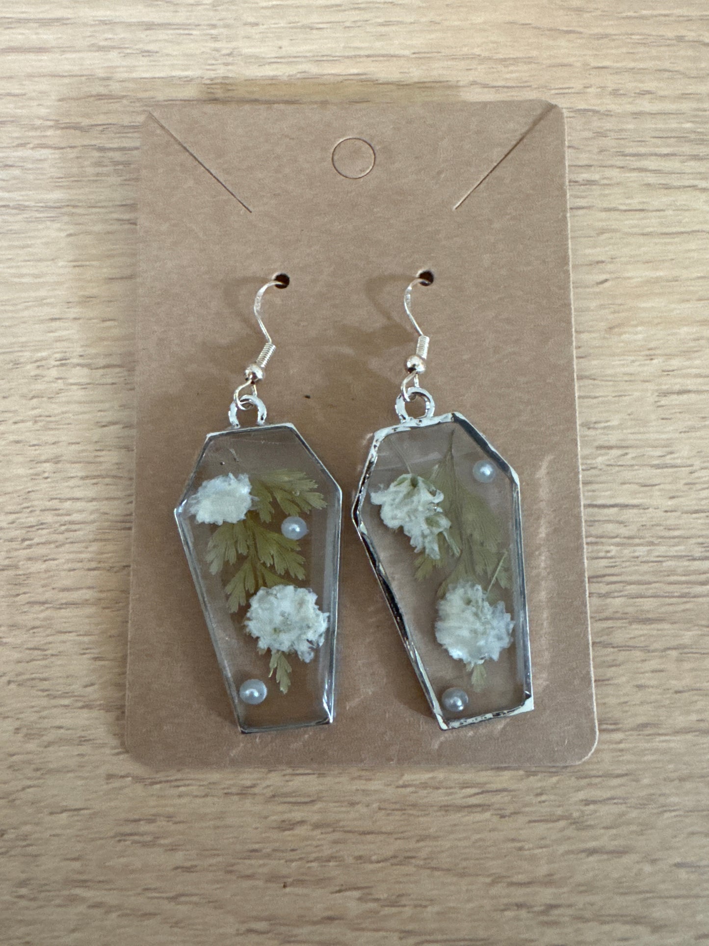 Silver Coffin-shaped Pressed Flower Pearl Resin Earrings