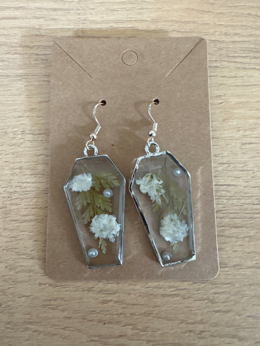 Silver Coffin-shaped Pressed Flower Pearl Resin Earrings