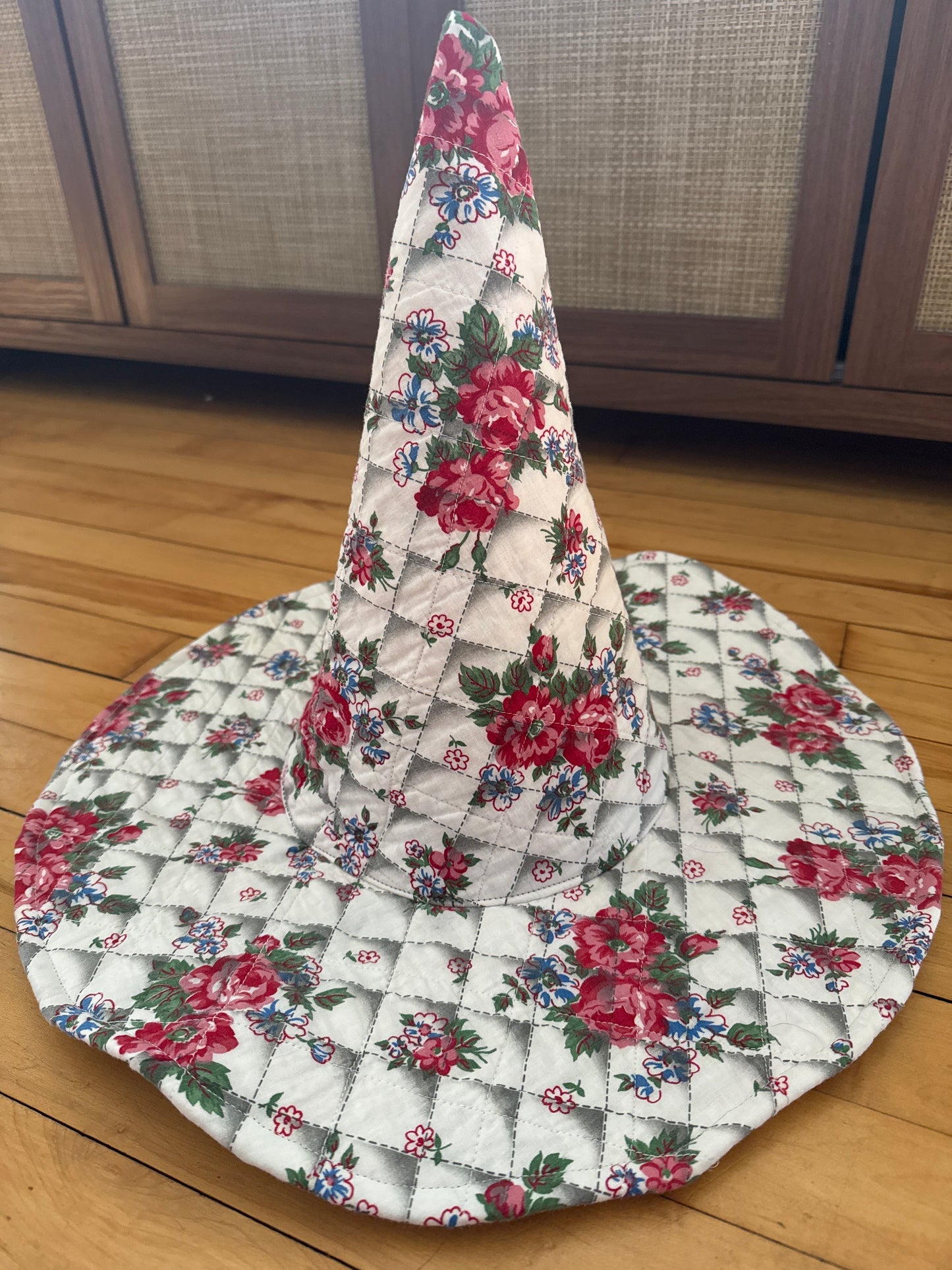 White, Red, and Green Floral Quilted Witch Hat 22-23”