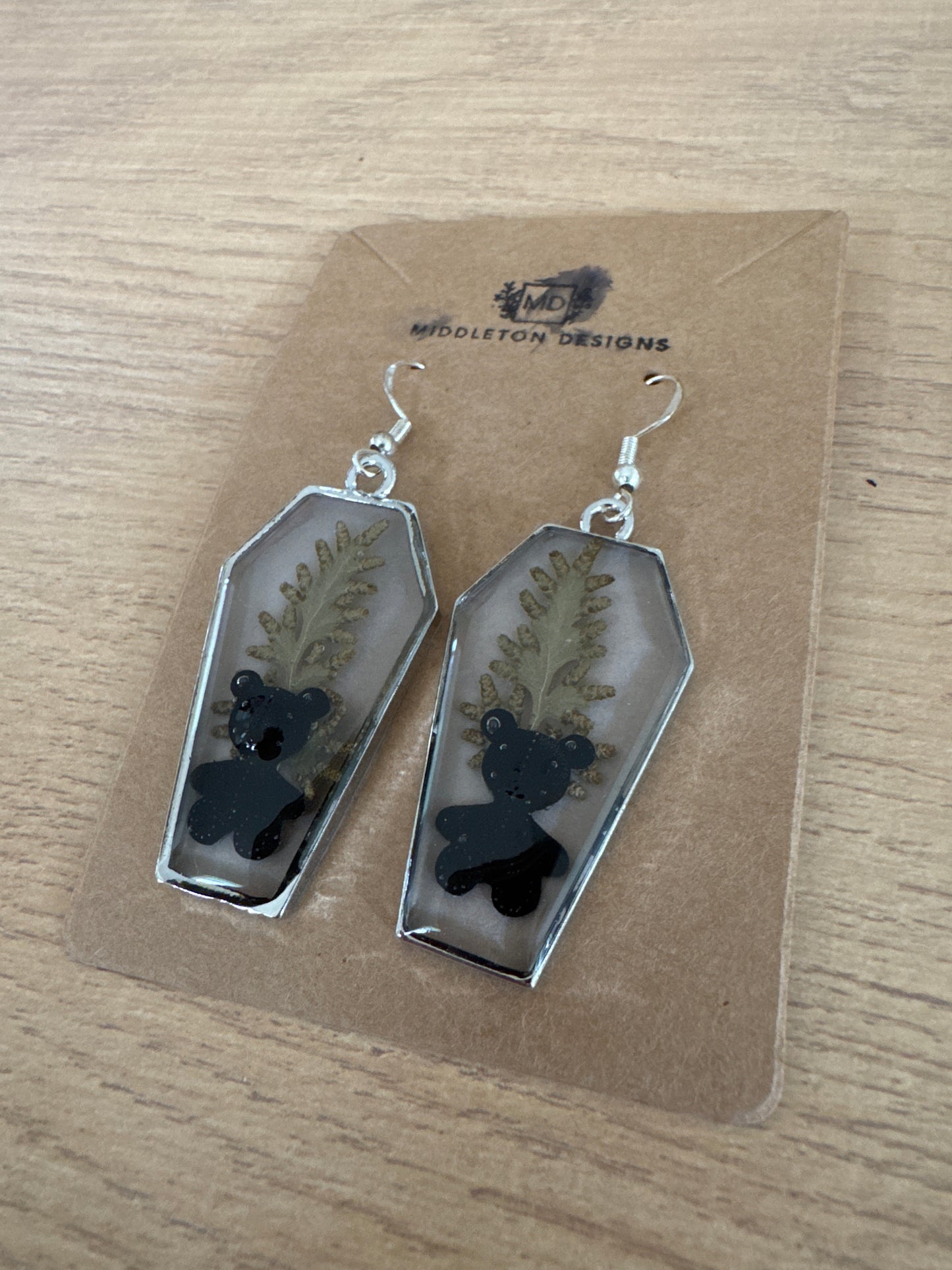 Silver Coffin-shaped Teddy Bear Resin Earrings