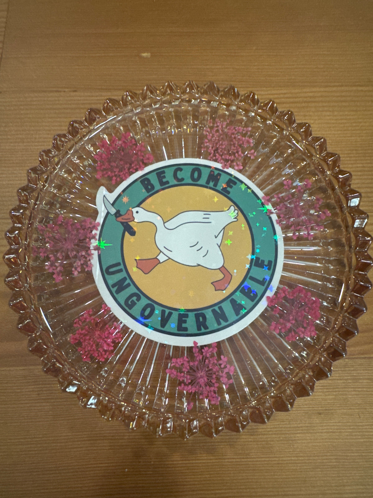“Become Ungovernable” Goose and Pressed Flower Resin Glass Dish