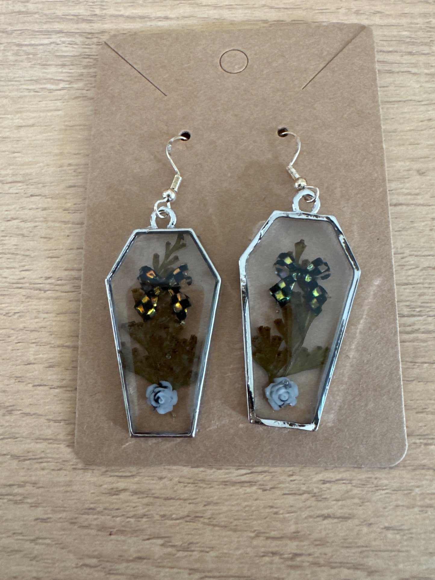 Silver Coffin-shaped Bow and Rose Resin Earrings