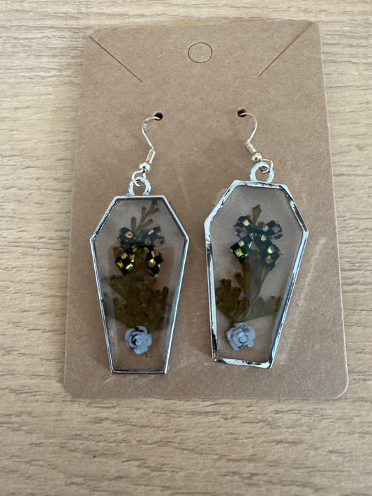 Silver Coffin-shaped Bow and Rose Resin Earrings