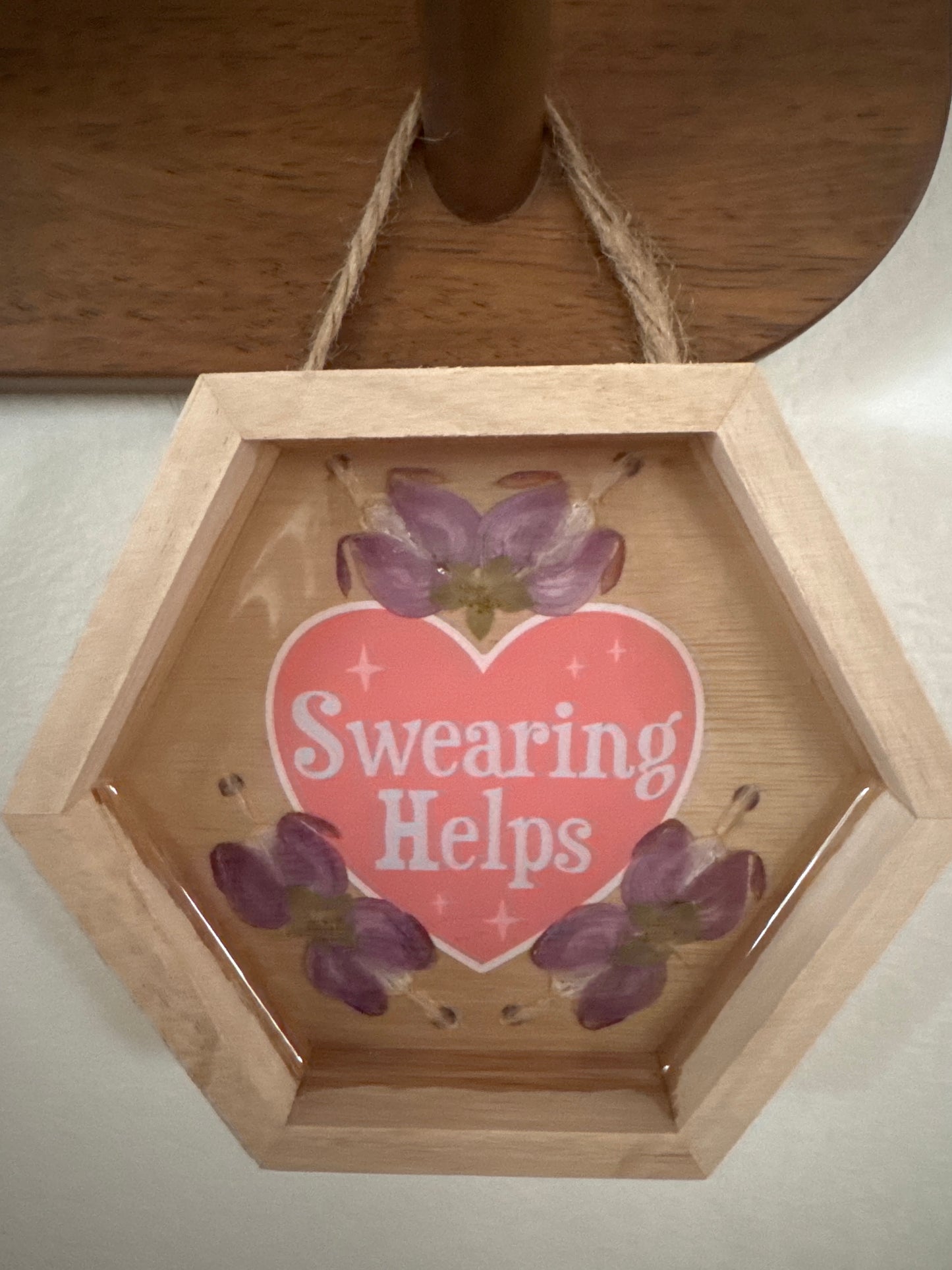 “Swearing Helps” Heart Pressed Flower Small Hexagon Wood Frame