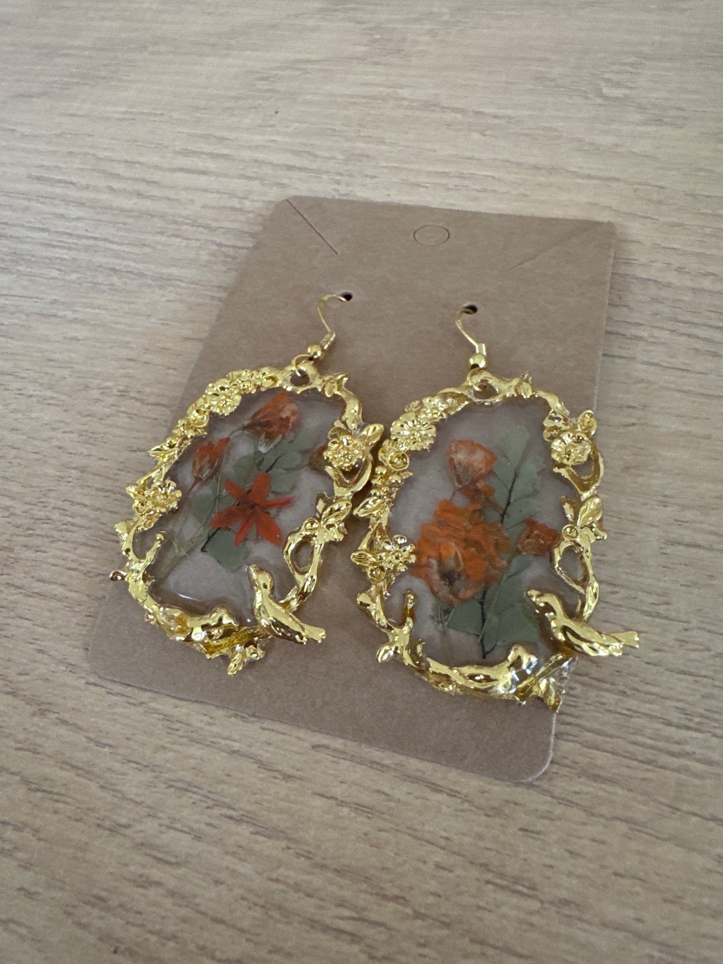 Gold Ornate Bird Pressed Flower Earrings