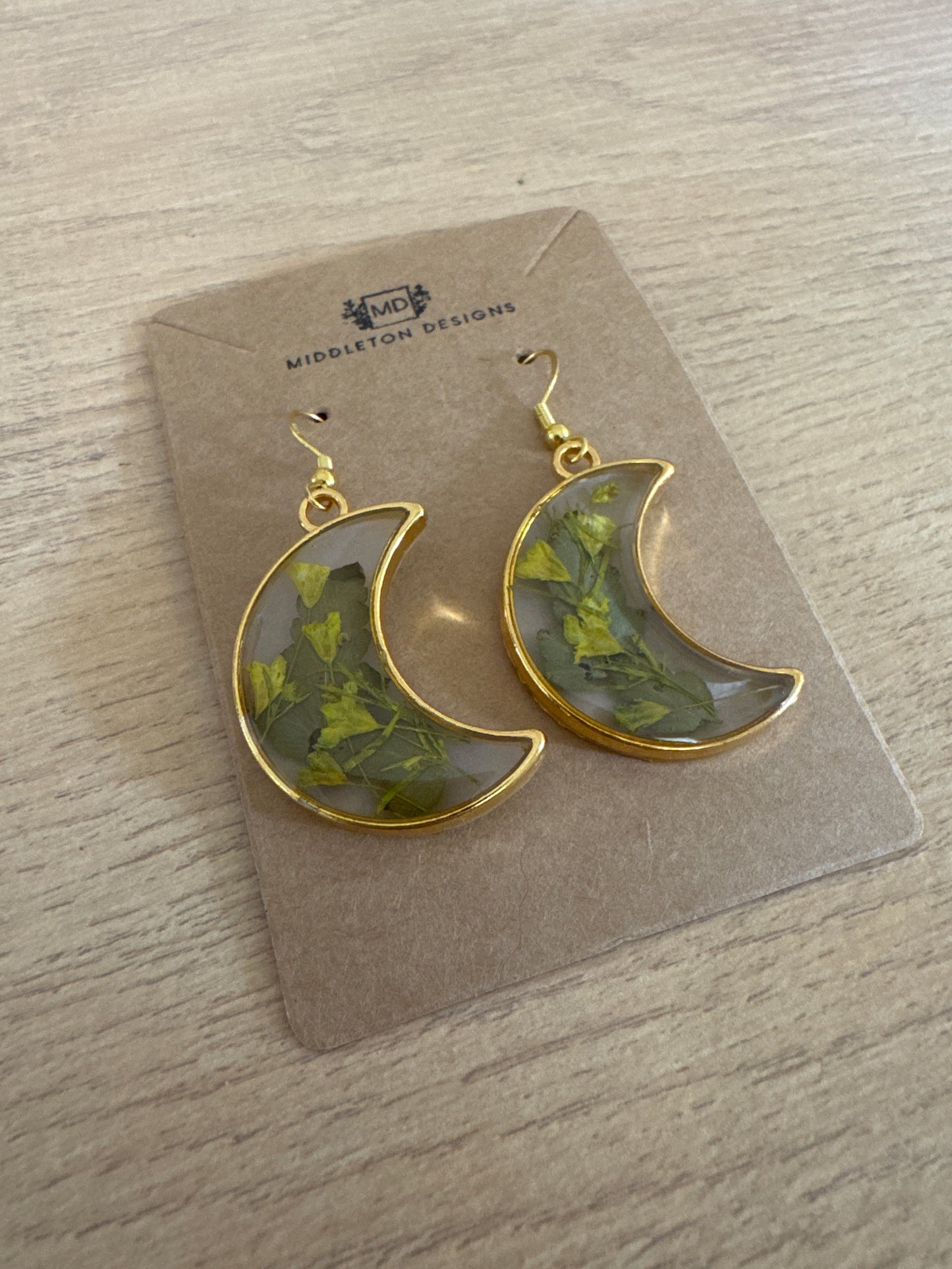 Moon-shaped Yellow Pressed Flower Resin Earrings