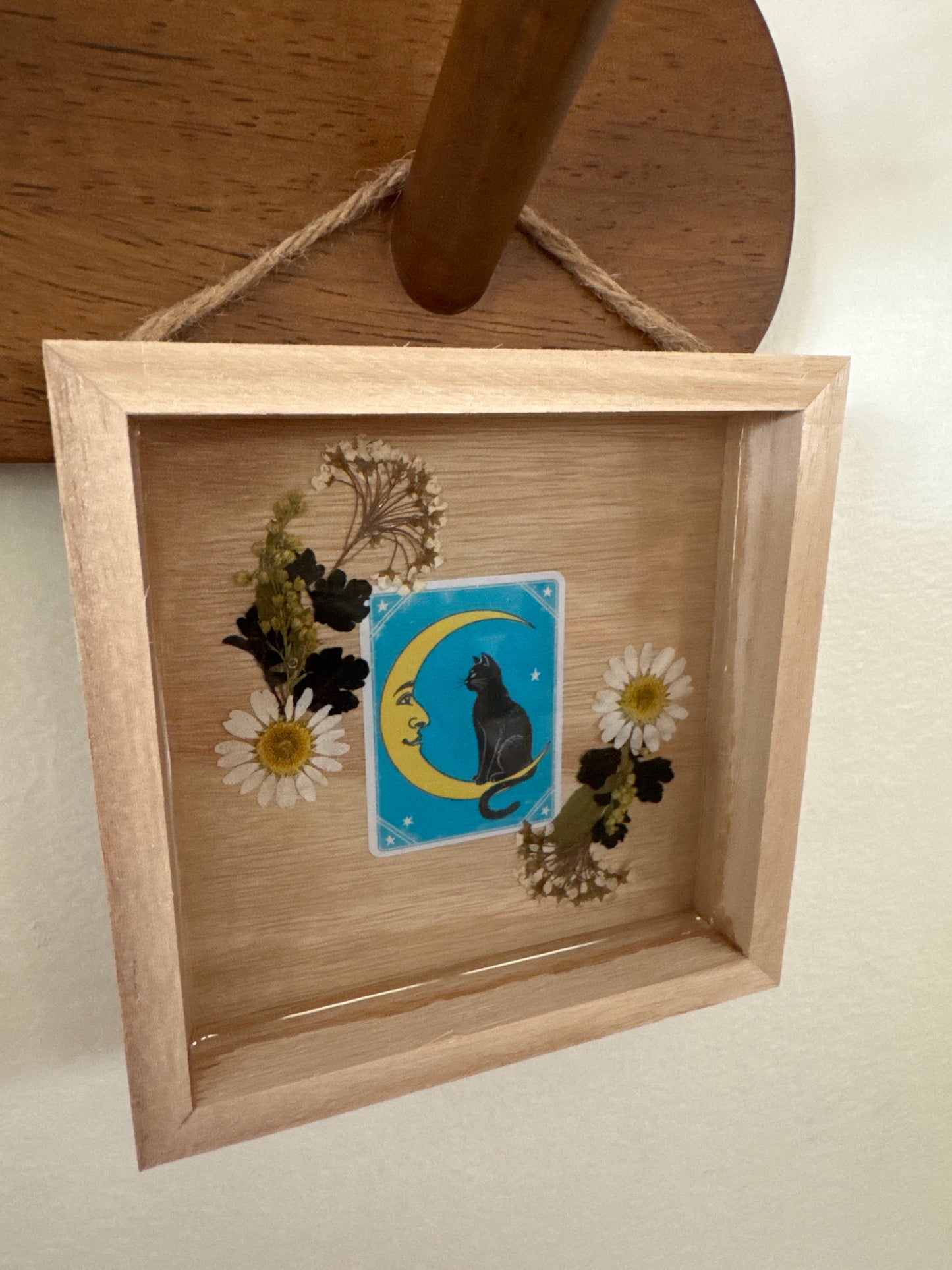 Moon and Black Cat Pressed Flower Small Square Wood Frame