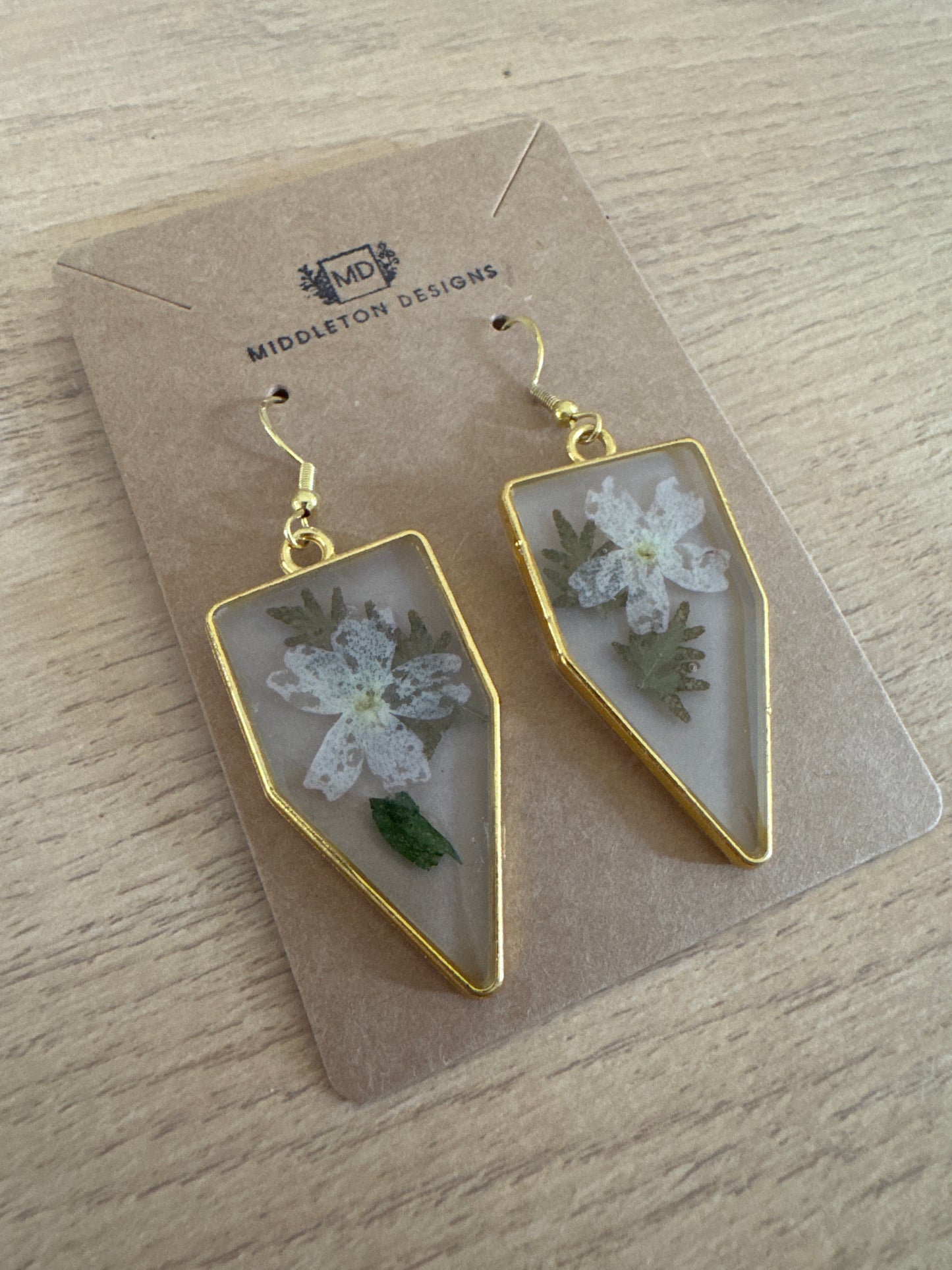 Gold Rimmed Delicate Pressed Flower Resin Earrings