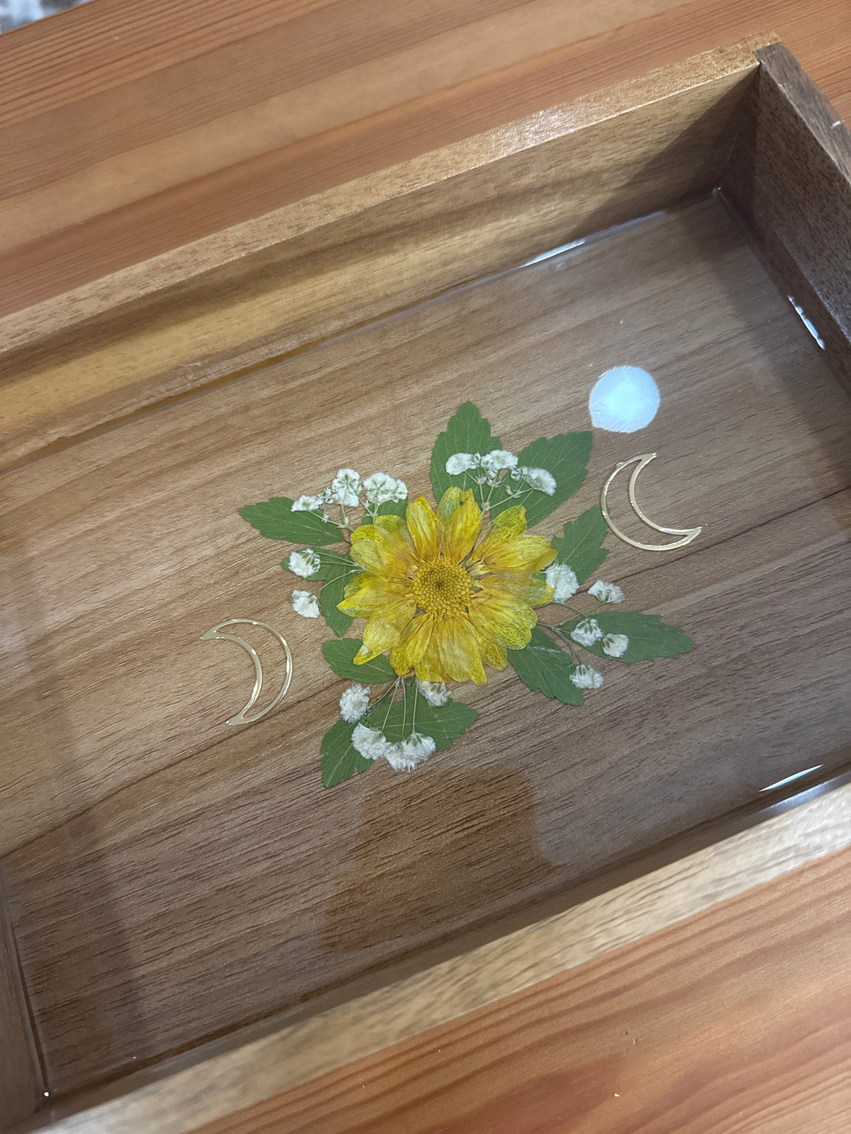 Triple Moon Wood Resin Art Piece with Yellow and Green Pressed Flowers