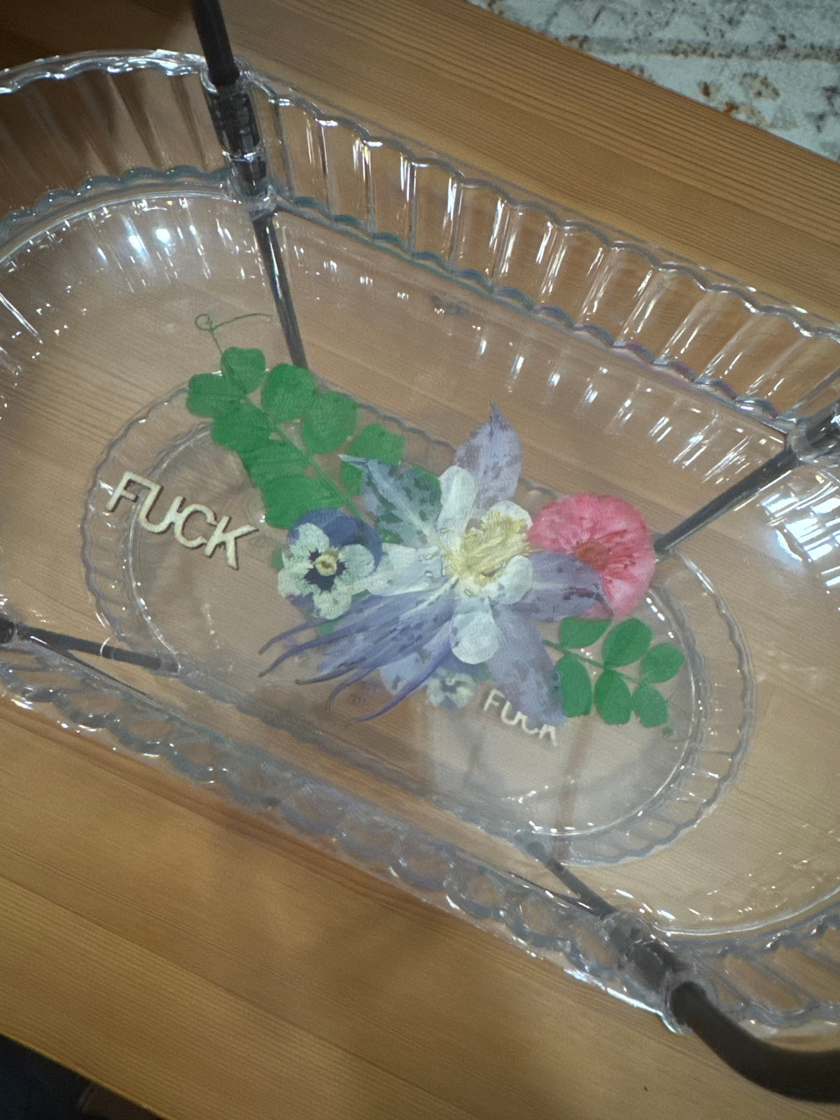 2 Tier Clear Resin Tray with Tiny Wood “Fuck”s and Bright Pressed Flowers