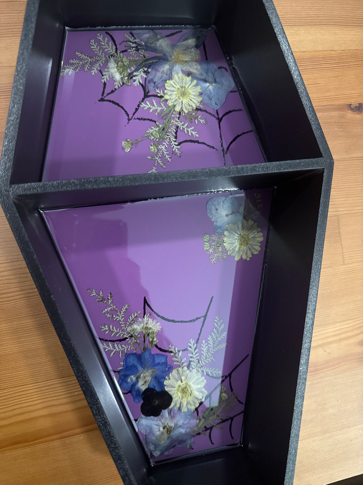 Coffin Shaped Black Resin Shelf with Yellow and Purple Pressed Flowers