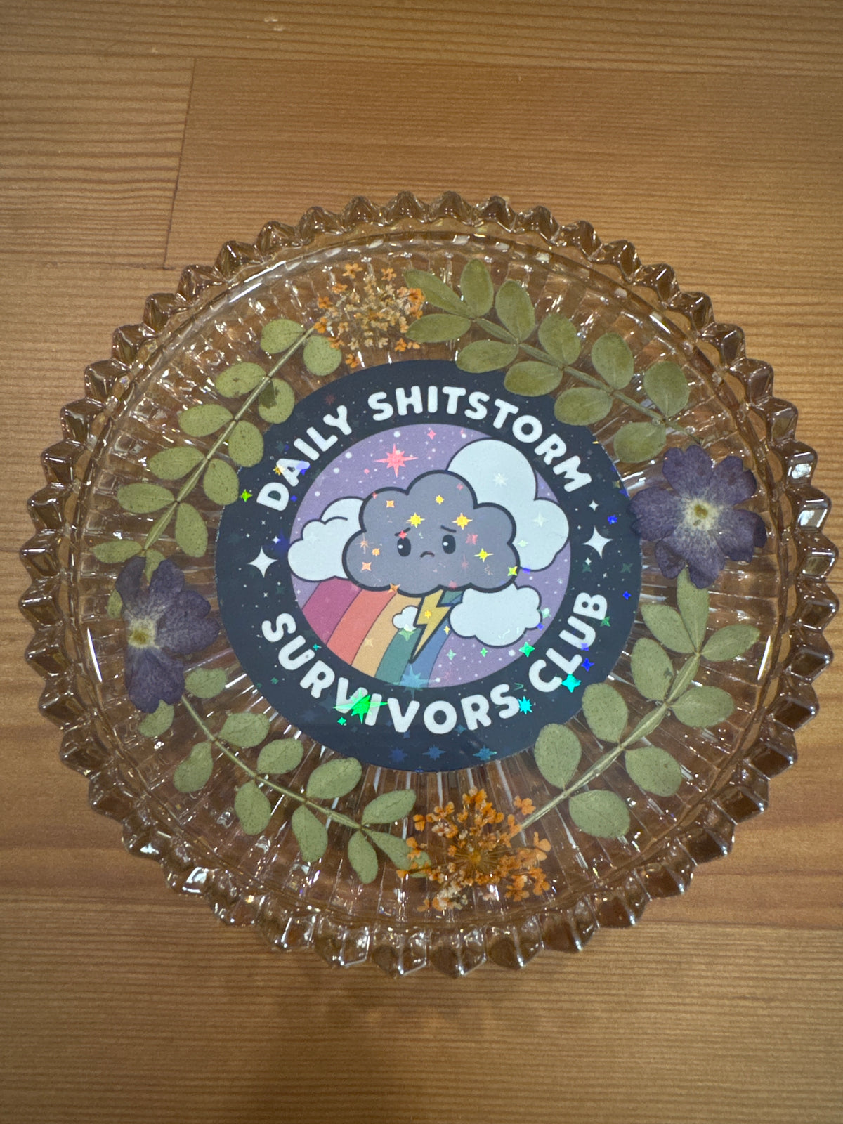 “Daily Shitstorm Survivors Club” Cloud Pressed Flower Resin Glass Dish