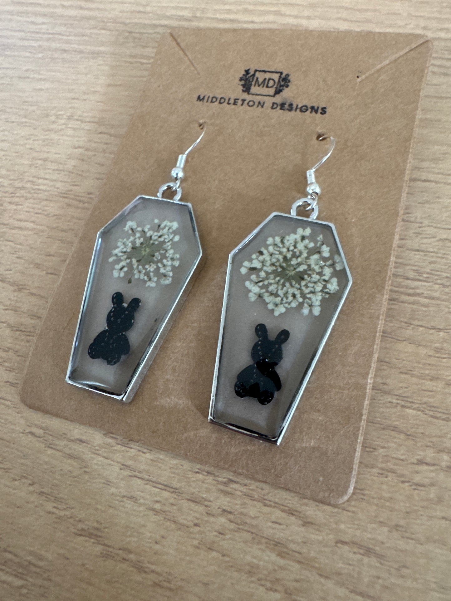 Silver Coffin-shaped Bunny Resin Earrings