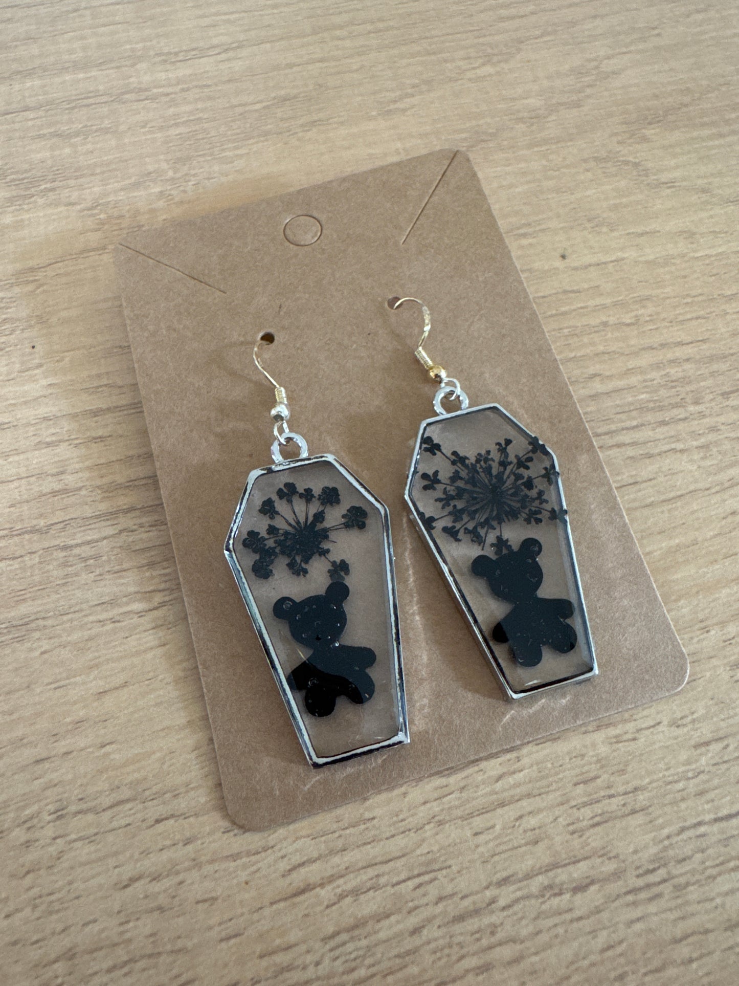 Silver Coffin-shaped Black Teddy Bear Resin Earrings