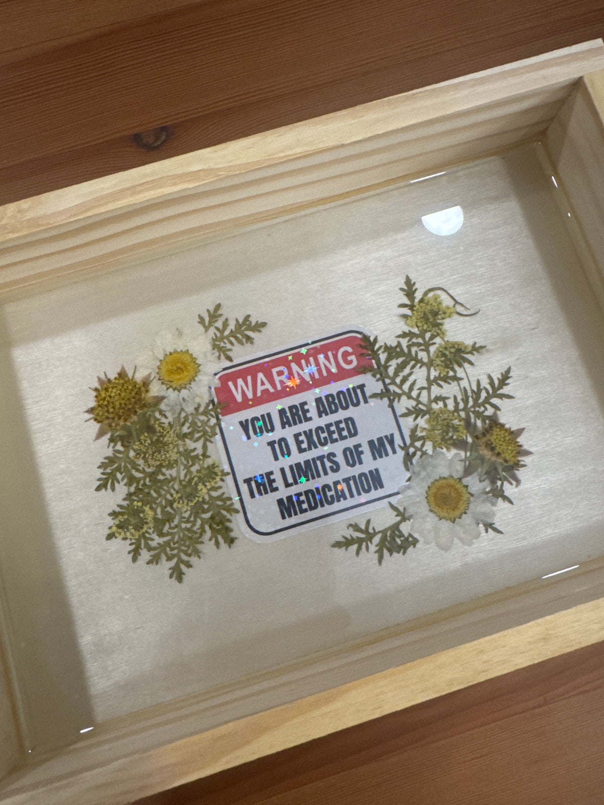 “Warning: You Are About to Exceed The Limits of my Medication” Wood Frame with Pressed Flowers