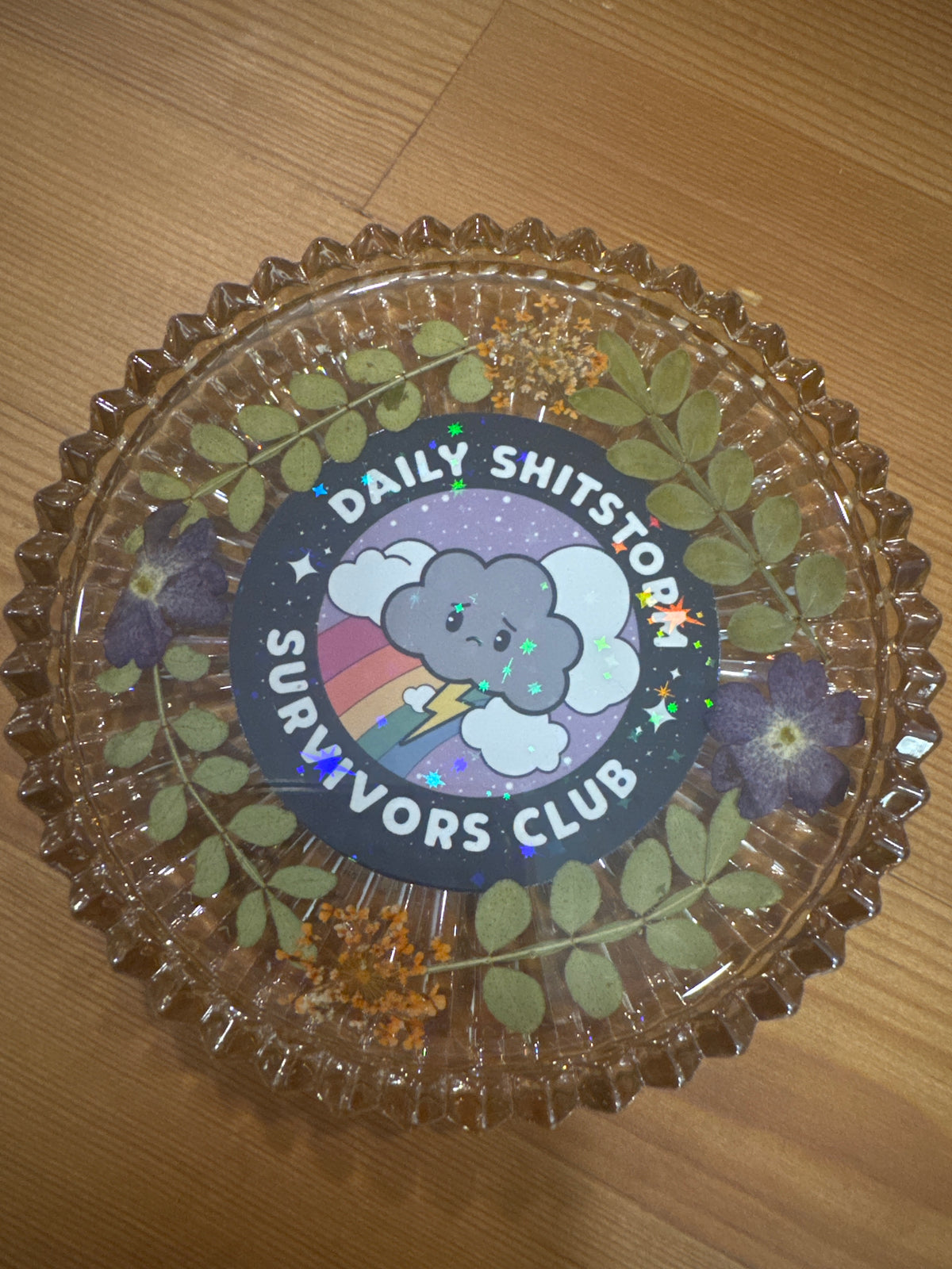 “Daily Shitstorm Survivors Club” Cloud Pressed Flower Resin Glass Dish
