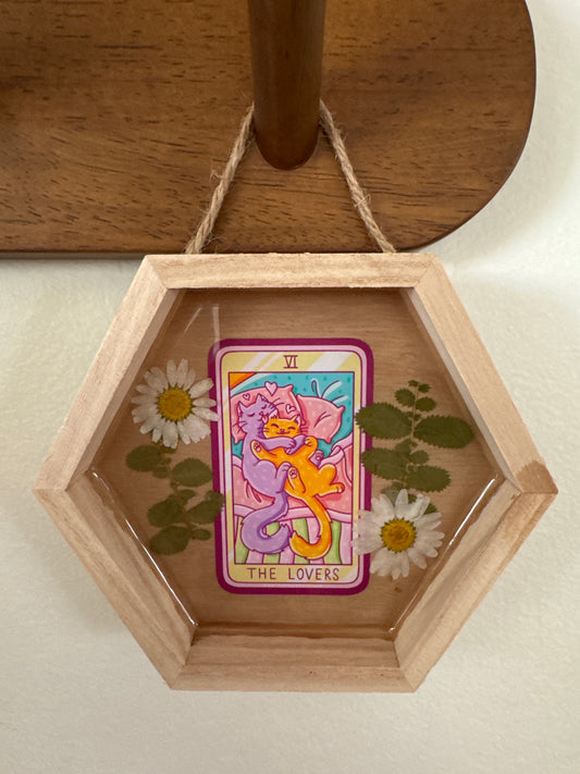 “The Lovers” Cat Tarot Small Hexagon Wood Frame