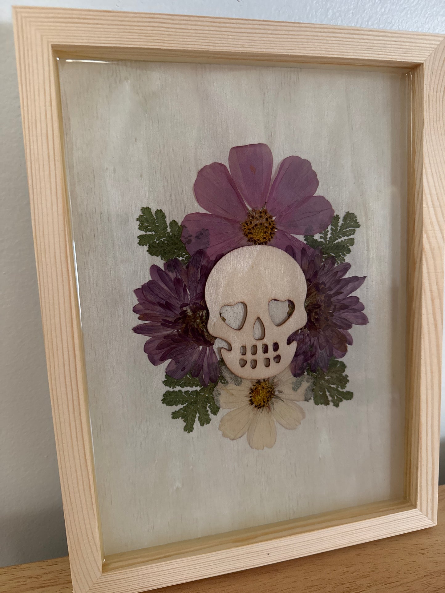 Wood Skull and Pressed Flower Resin Art Piece Wall Hanging