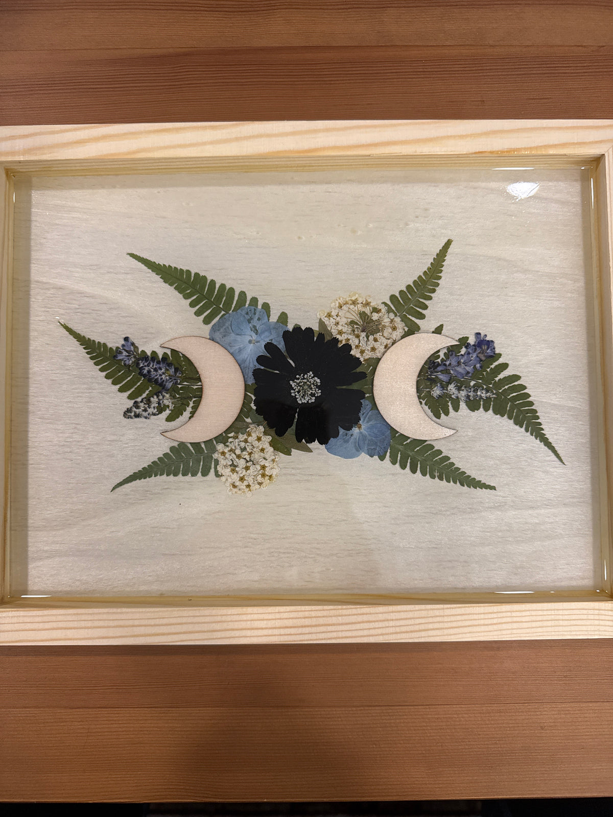 Triple Moon Symbol Wood Resin Art Piece with Pressed Flowers