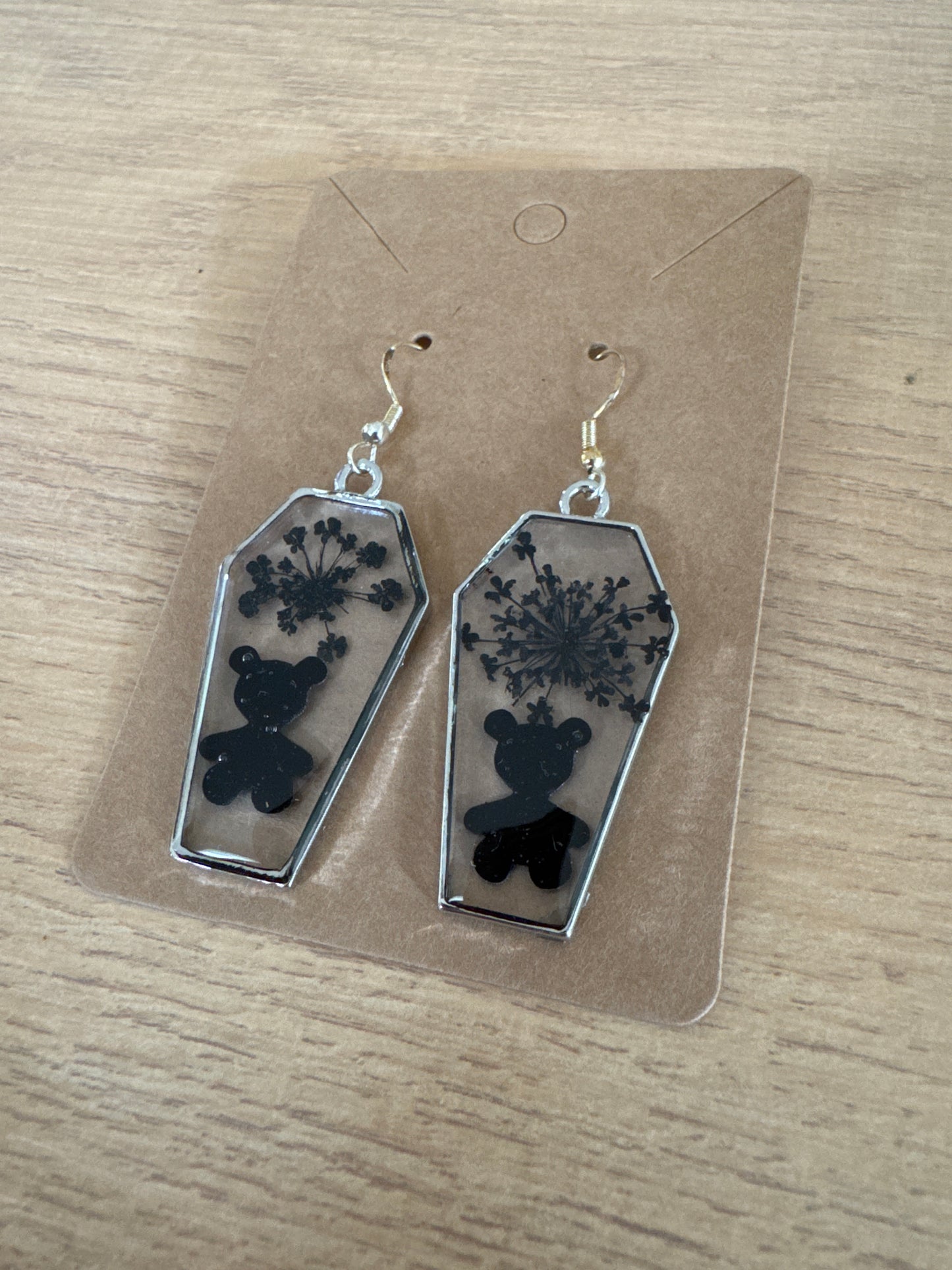 Silver Coffin-shaped Black Teddy Bear Resin Earrings