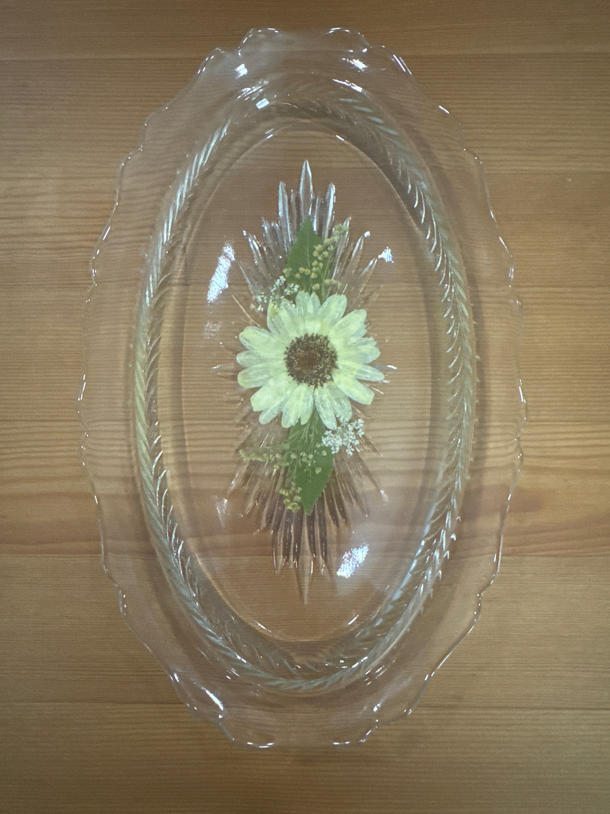 Small Crystal Resin Dish with Yellow and Green Pressed Flowers