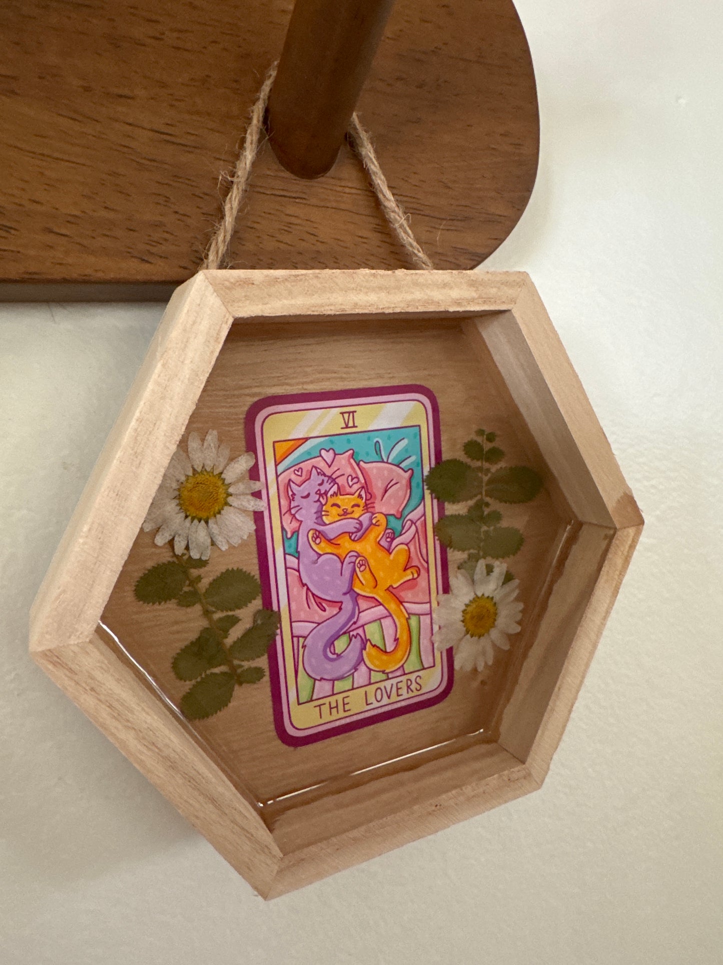 “The Lovers” Cat Tarot Small Hexagon Wood Frame