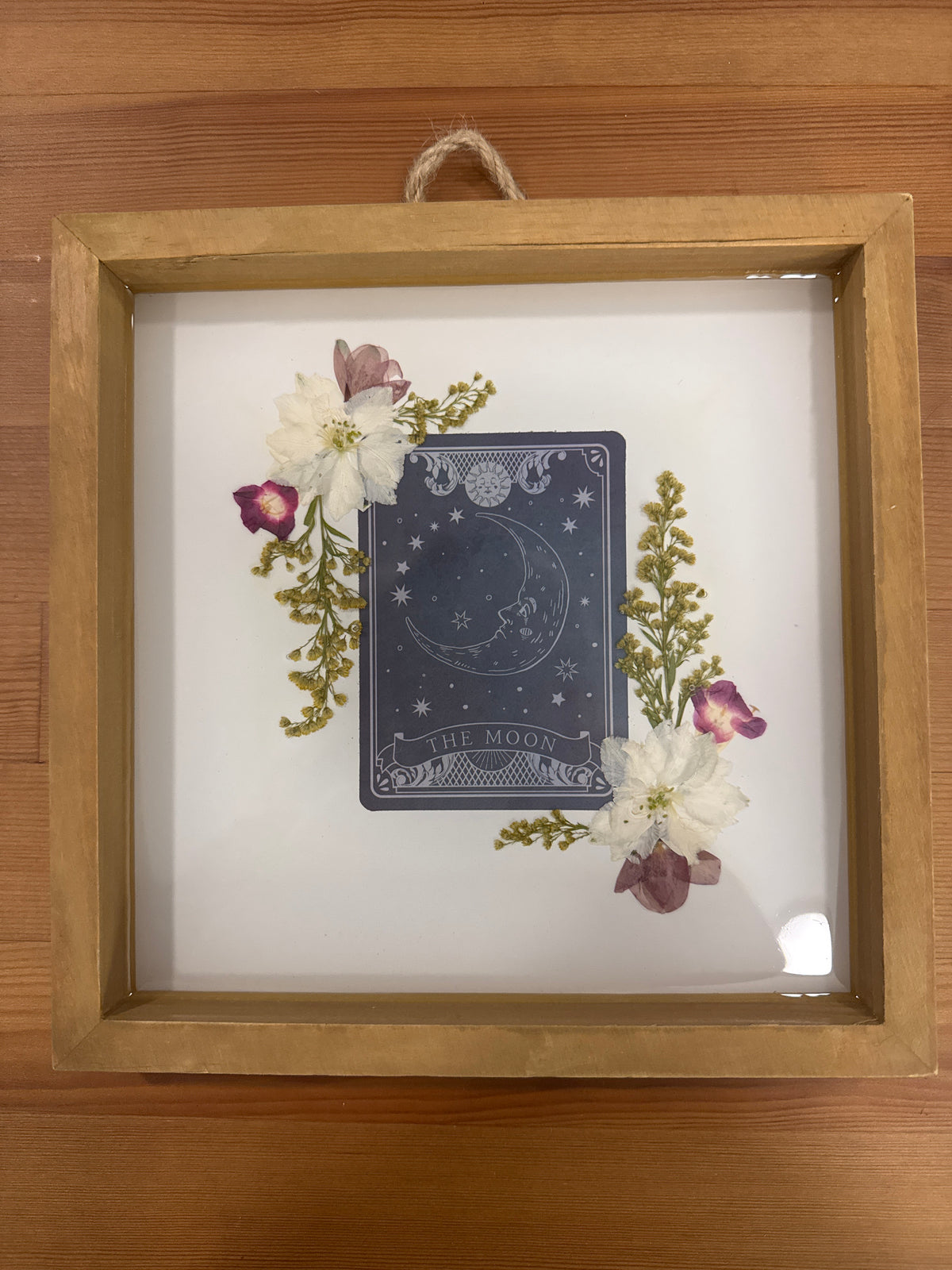 The Moon Tarot Card Resin Art Piece with Pink and White Pressed Flowers