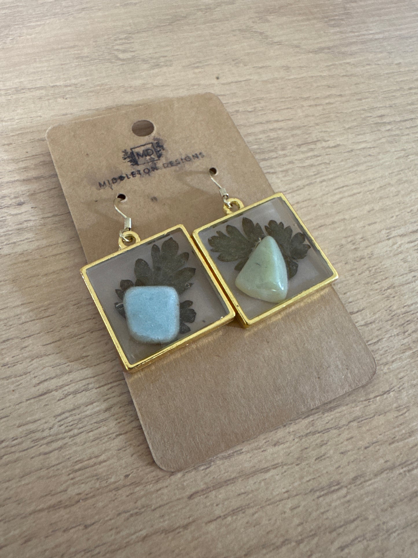 Gold Rimmed Square Natural Stone Resin Earrings
