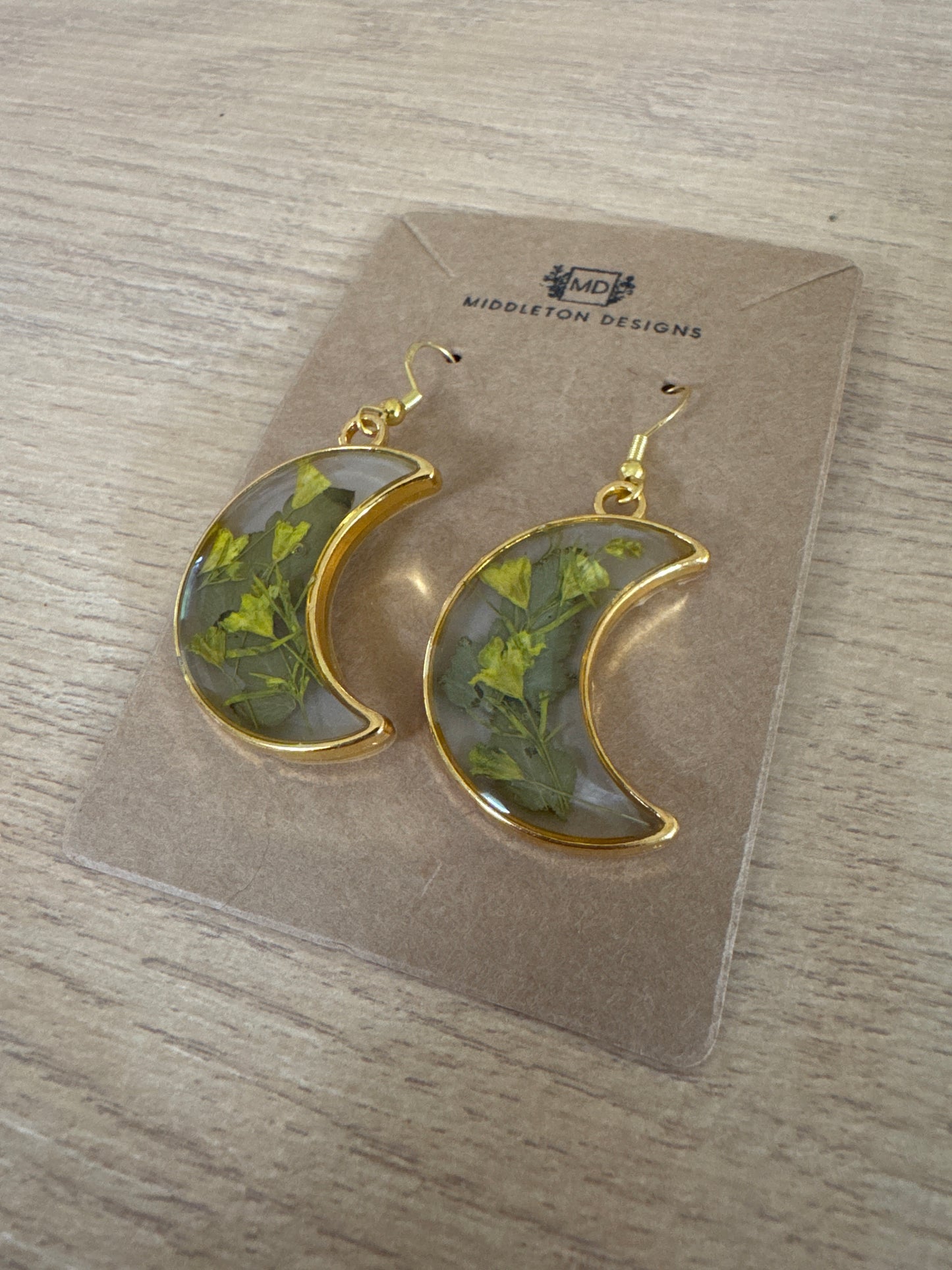 Moon-shaped Yellow Pressed Flower Resin Earrings