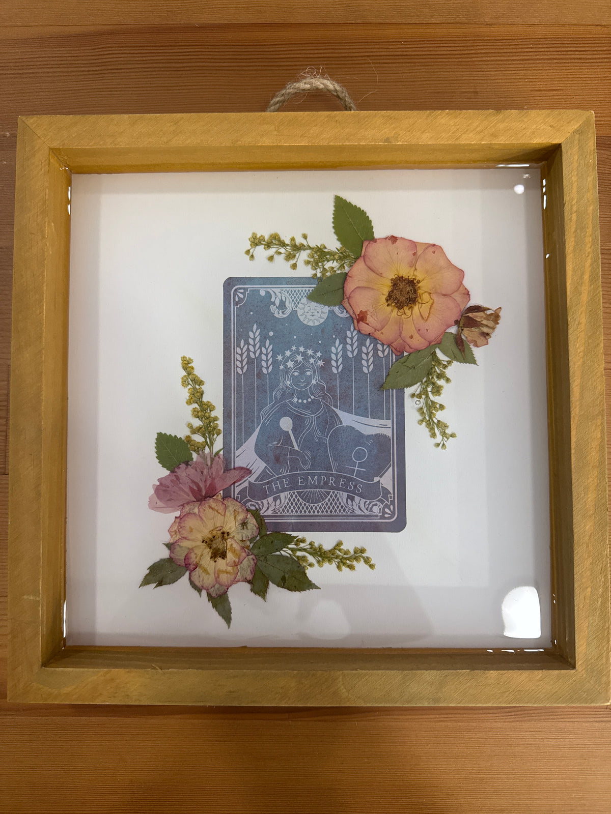 The Empress Tarot Card Wood Resin Art Piece with Pink and Green Pressed Flowers