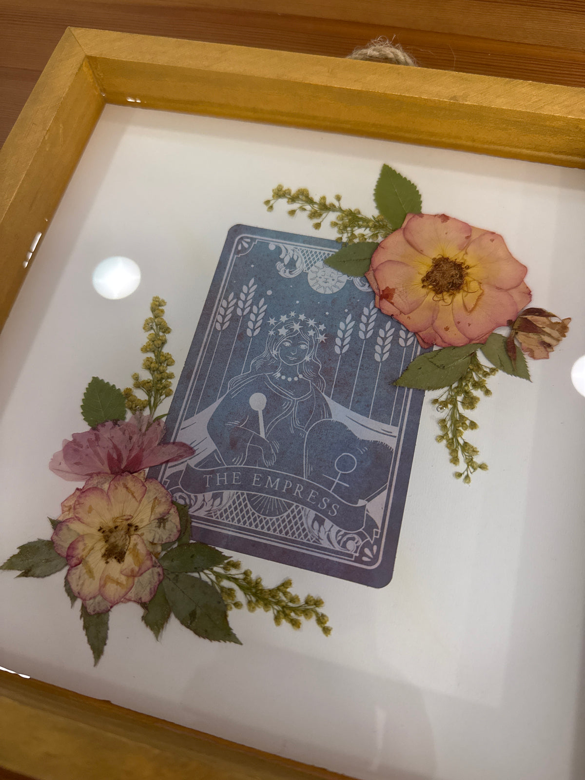The Empress Tarot Card Wood Resin Art Piece with Pink and Green Pressed Flowers