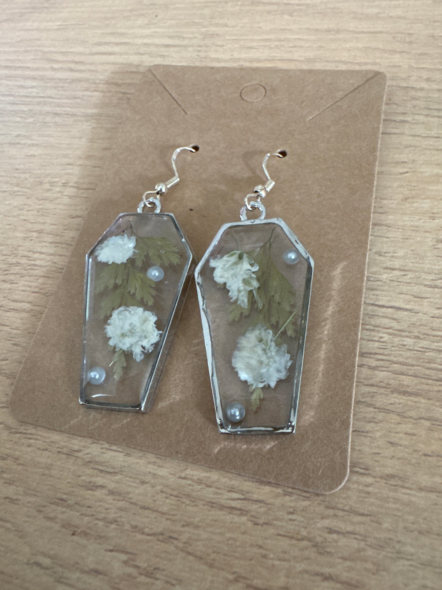 Silver Coffin-shaped Pressed Flower Pearl Resin Earrings