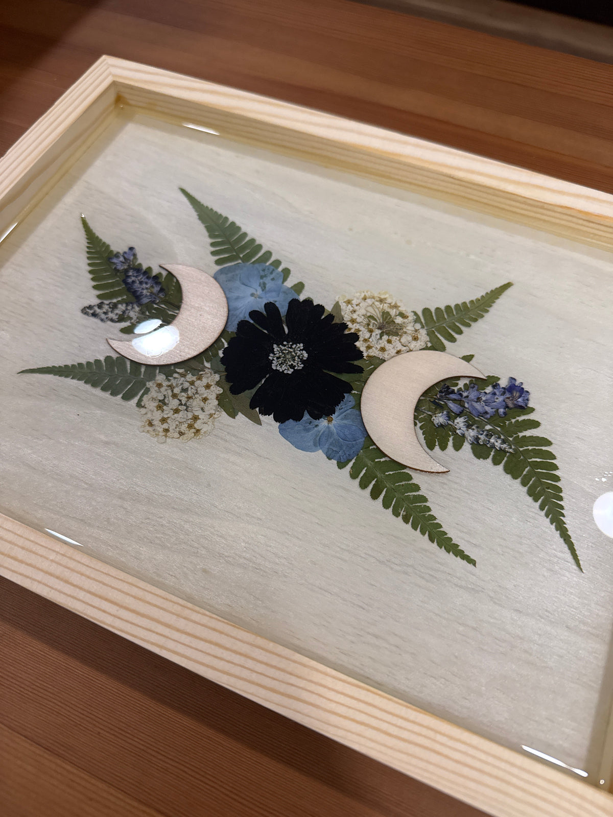 Triple Moon Symbol Wood Resin Art Piece with Pressed Flowers