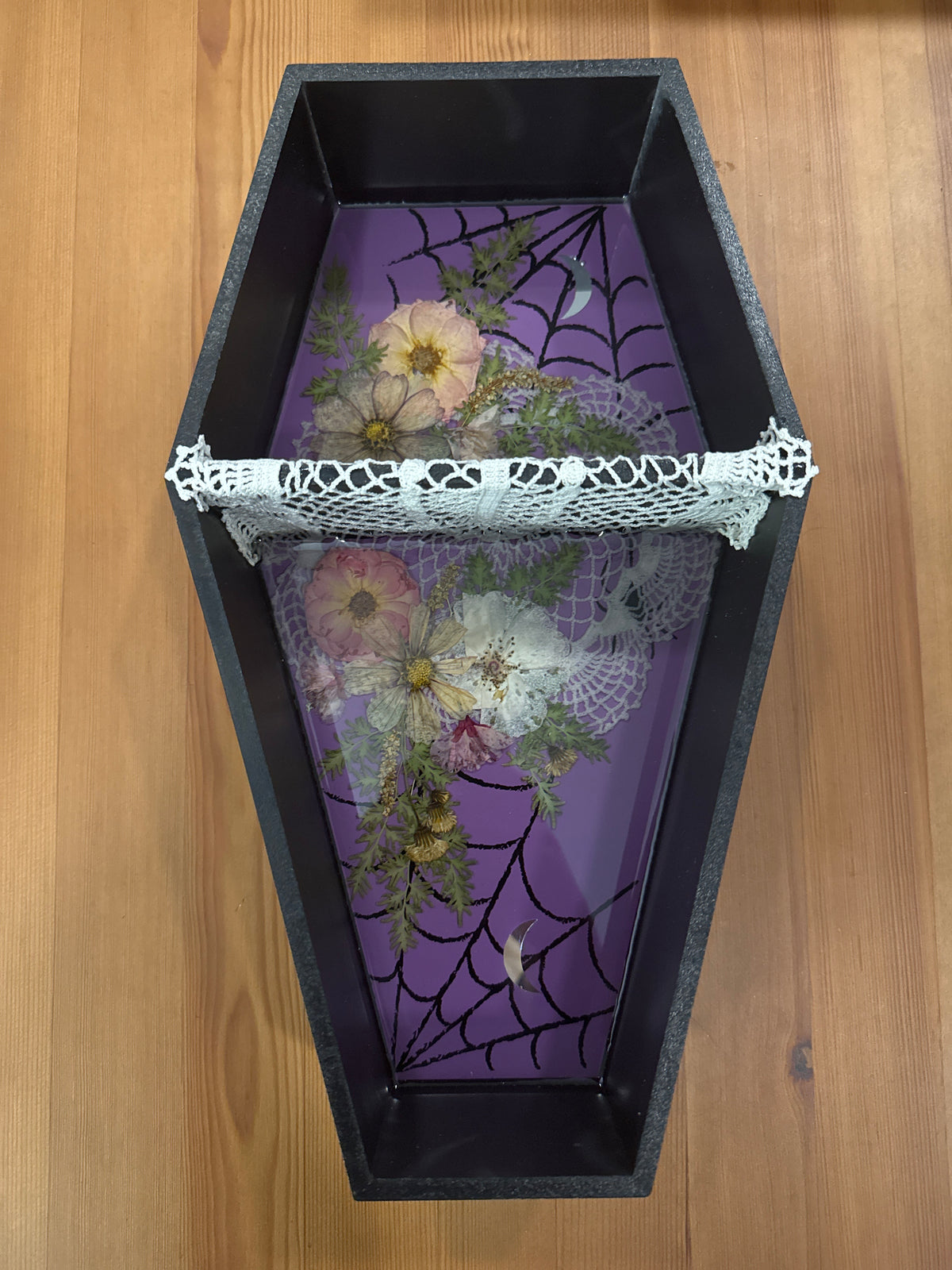 Coffin Shaped Black Shelf with Pressed Flowers, Lace and Mirror Moons