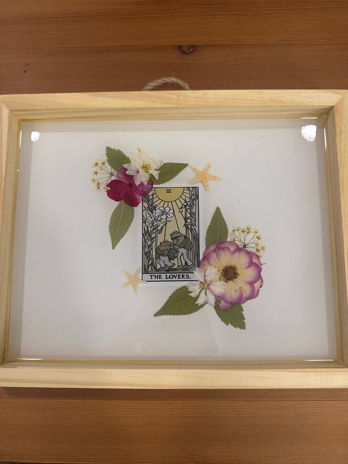 “The Lovers” Frog and Toad Tarot Card Pressed Flower Wood Frame