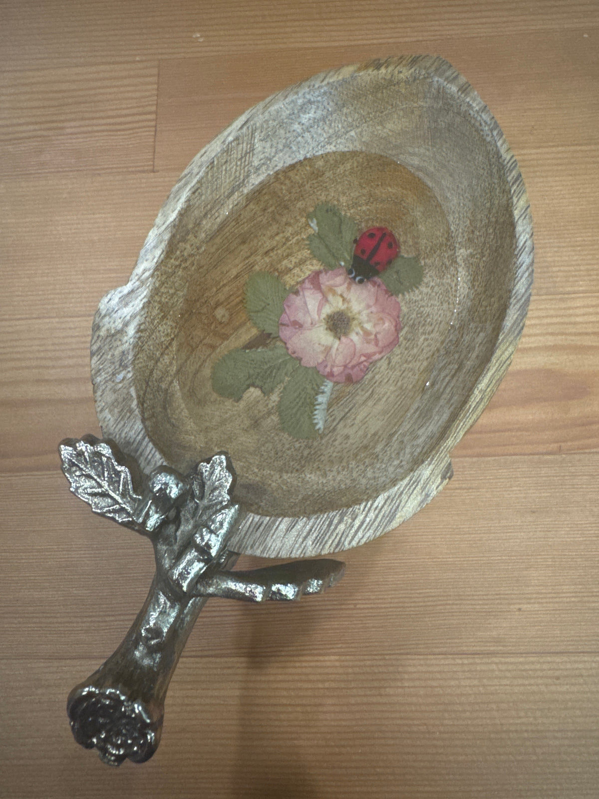 Wood Acorn Shaped Small Dish with Pressed Flowers and Ladybug