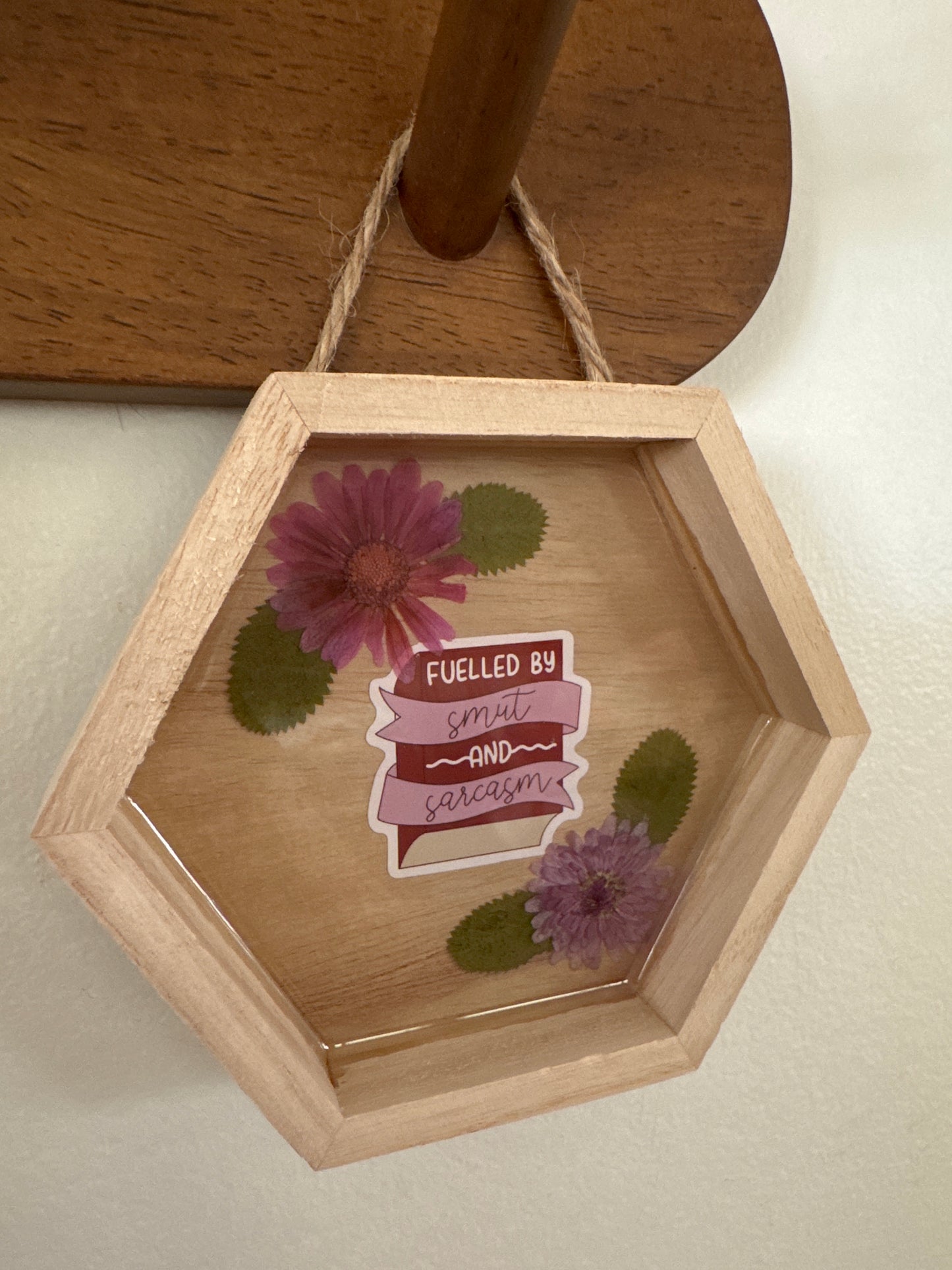 “Fueled By Smut And Sarcasm” Small Hexagon Wood Frame