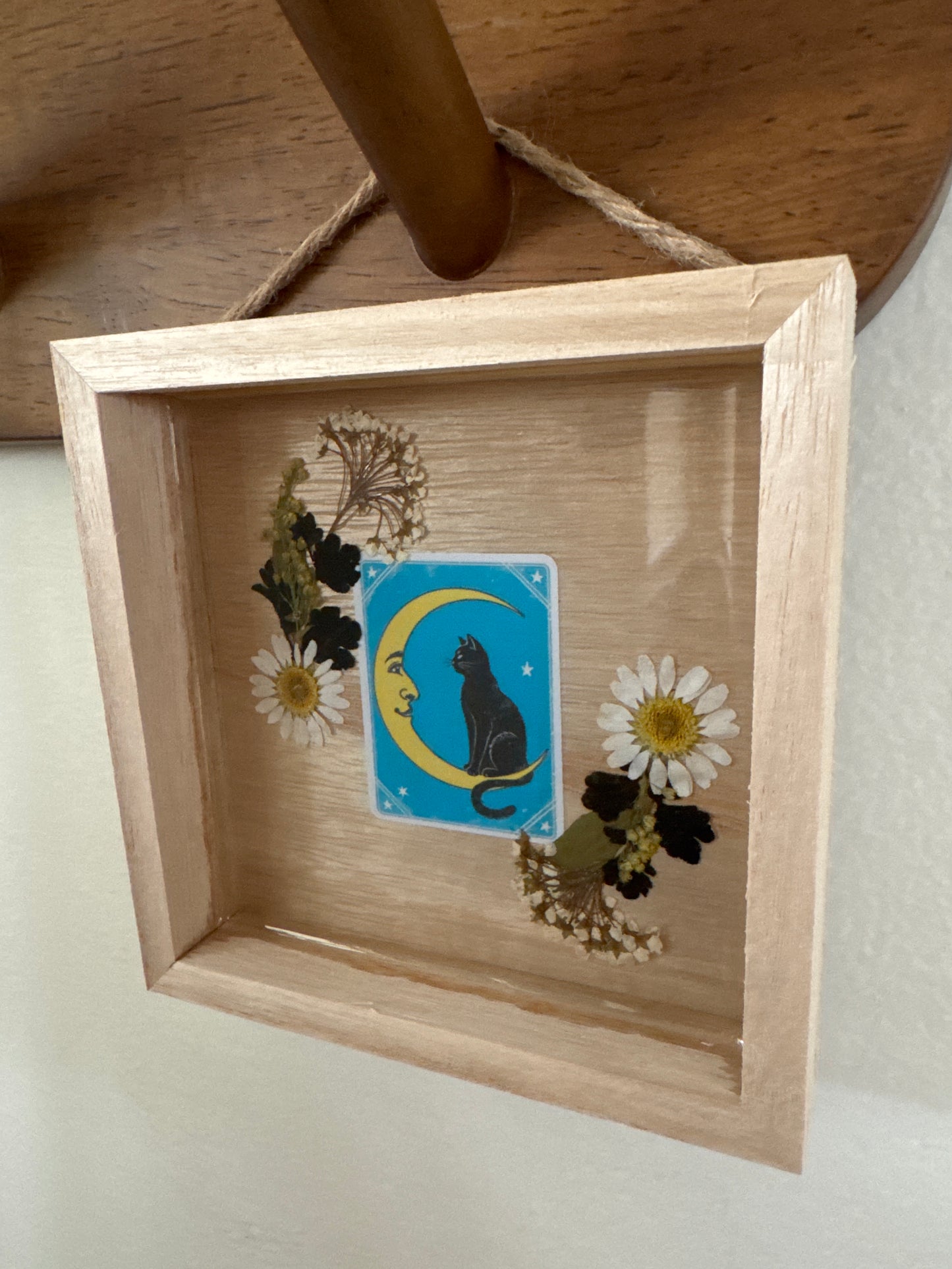 Moon and Black Cat Pressed Flower Small Square Wood Frame