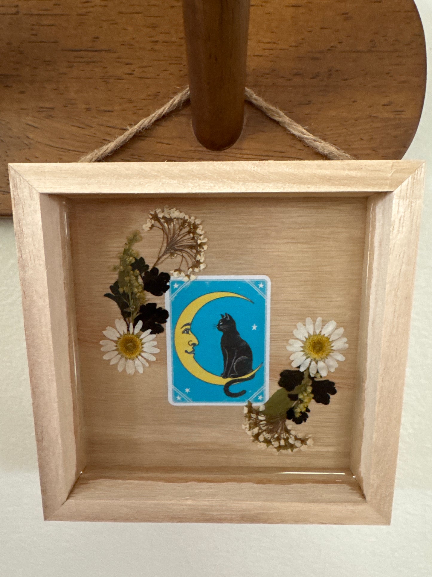 Moon and Black Cat Pressed Flower Small Square Wood Frame
