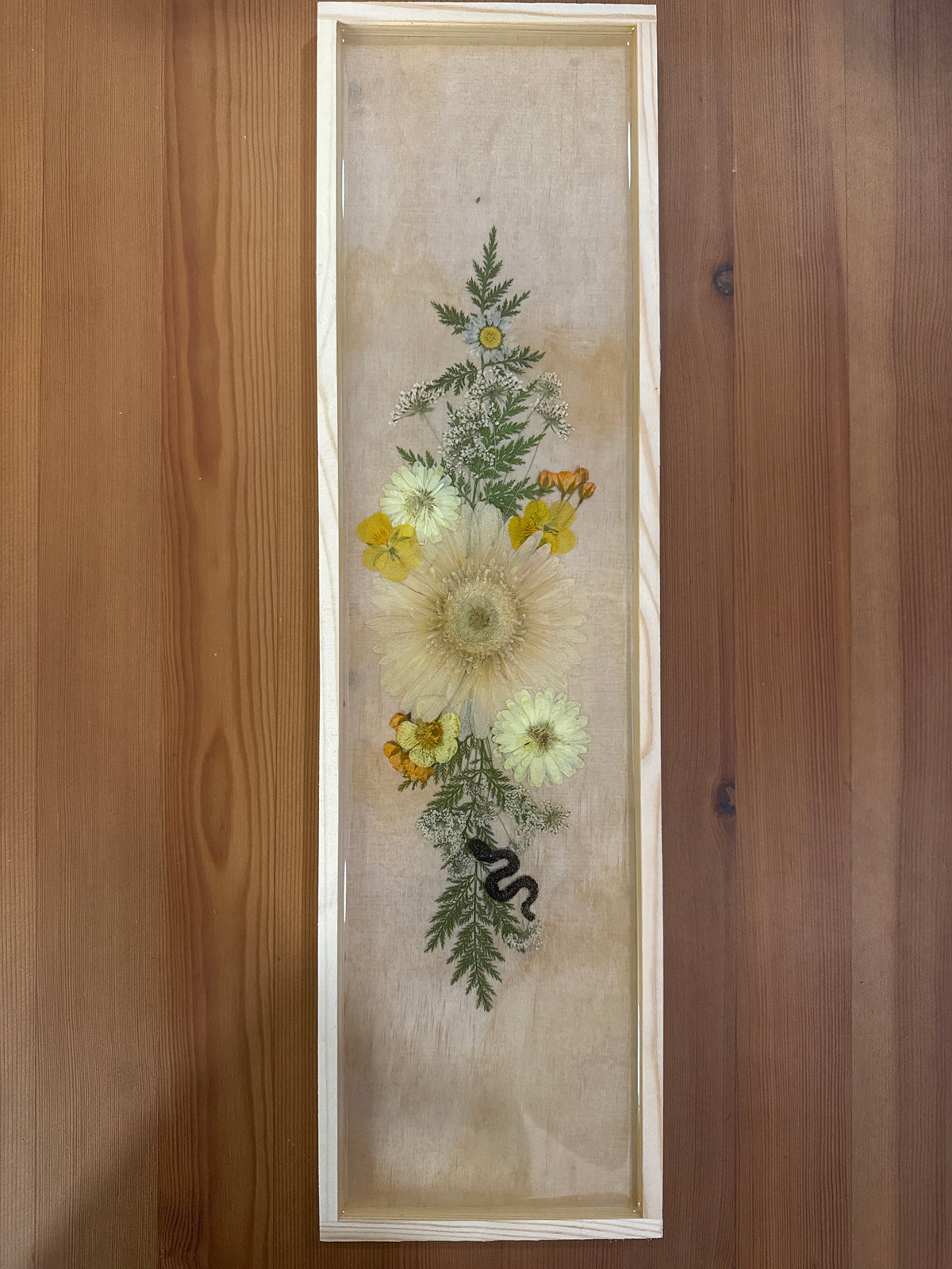 Rectangular Wood Resin Art Piece with Tiny Snake and Natural Pressed Flowers