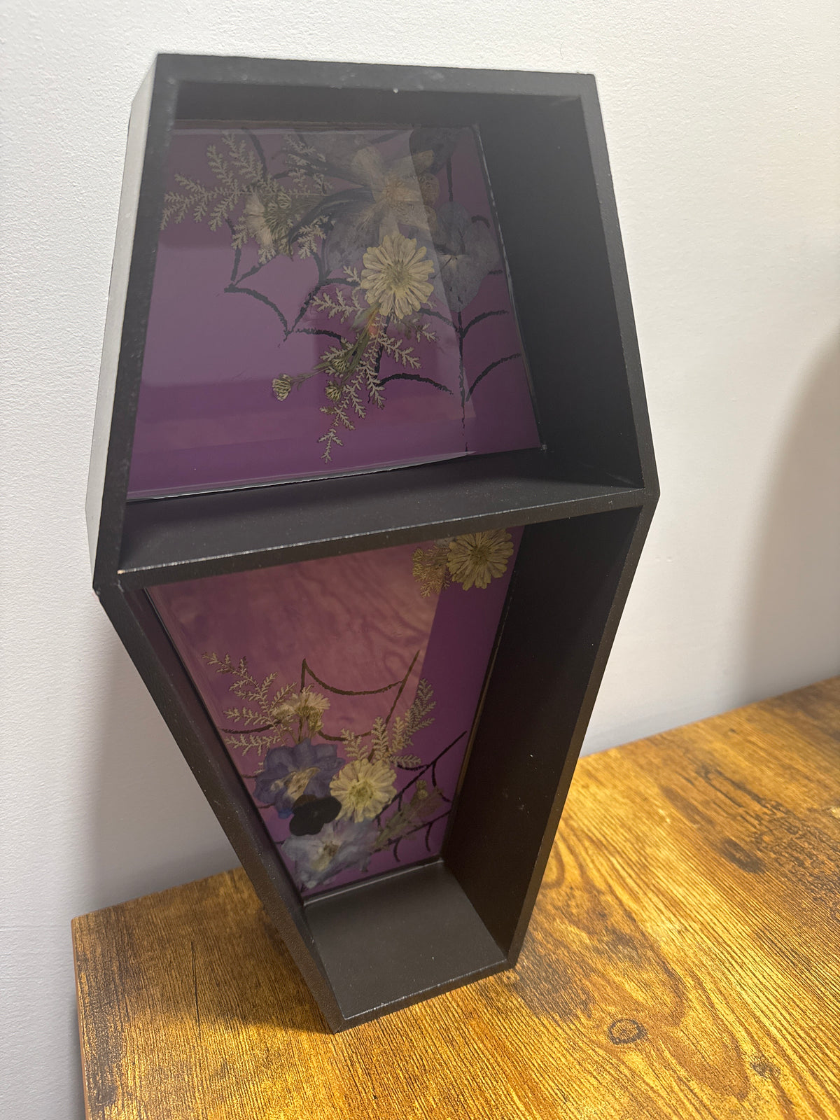 Coffin Shaped Black Resin Shelf with Yellow and Purple Pressed Flowers