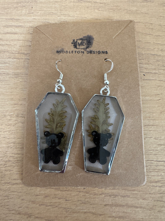Silver Coffin-shaped Teddy Bear Resin Earrings