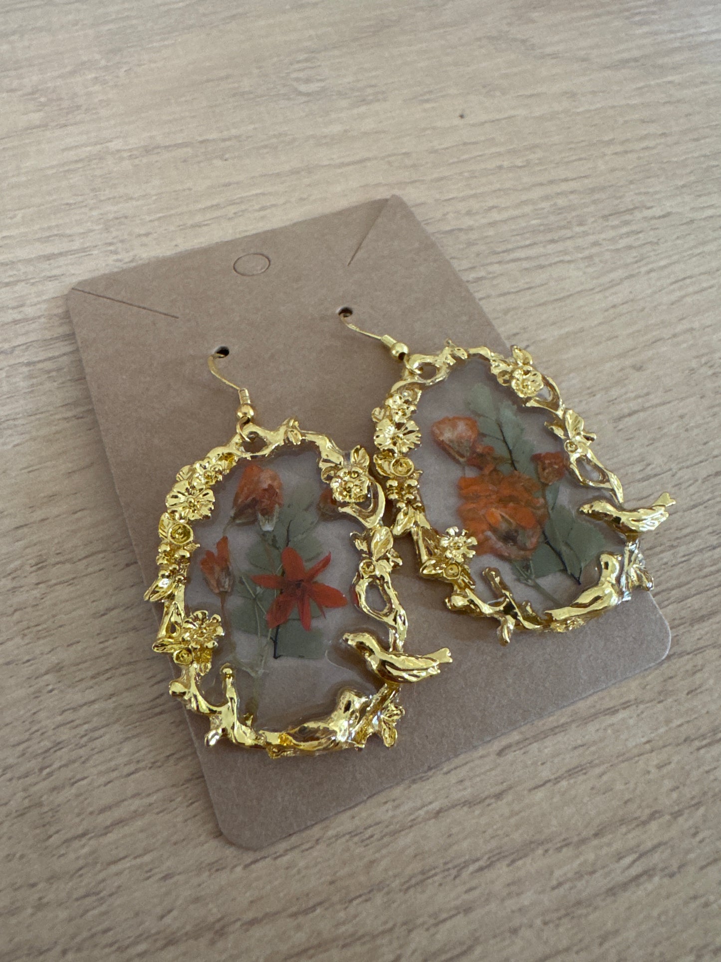 Gold Ornate Bird Pressed Flower Earrings