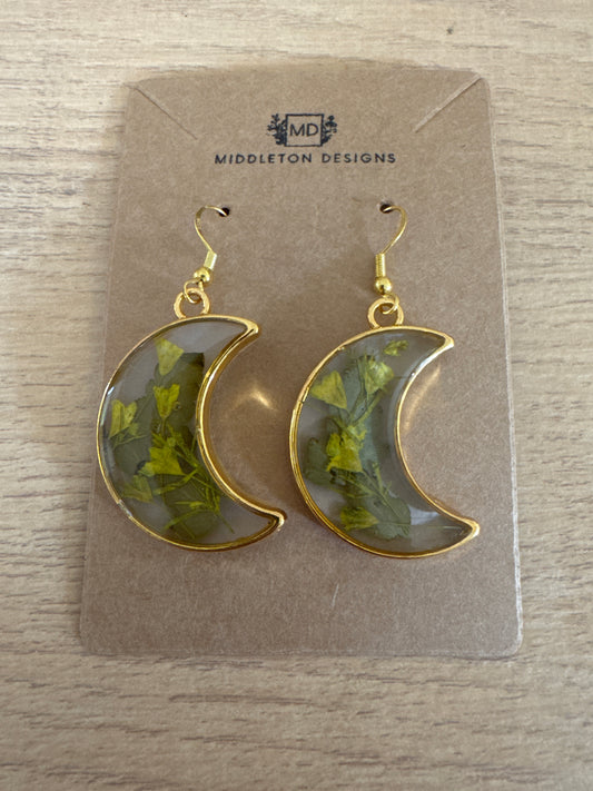 Moon-shaped Yellow Pressed Flower Resin Earrings